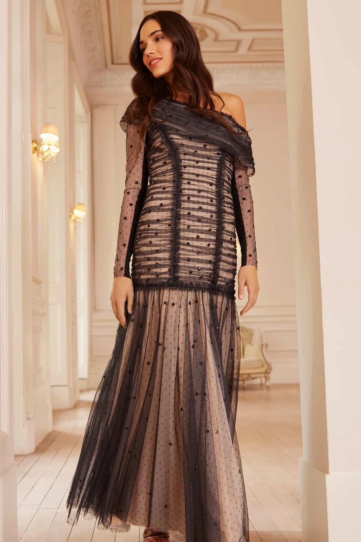 Gigi Dot One-Shoulder Rouched Gown Grass Soft Kimono-Sleeve