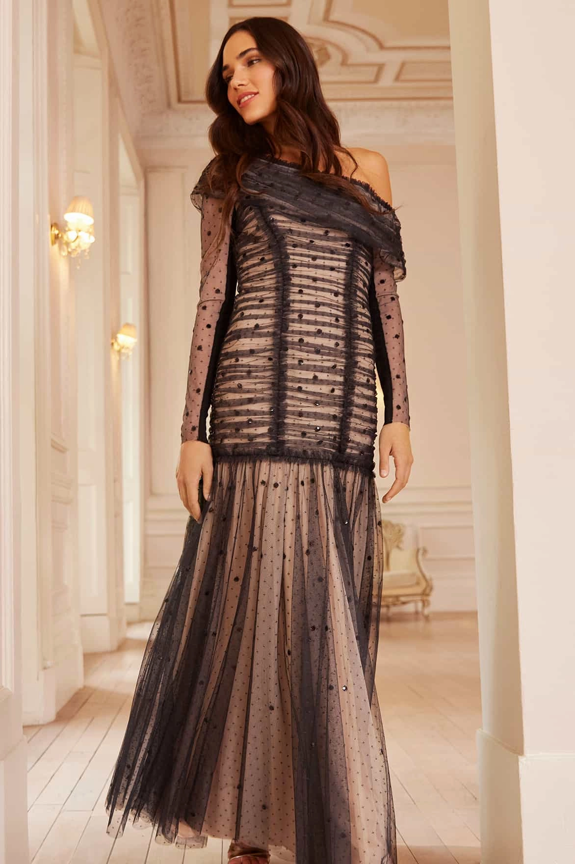 polka-dot Formal Setting Gigi Dot One-Shoulder Rouched Gown