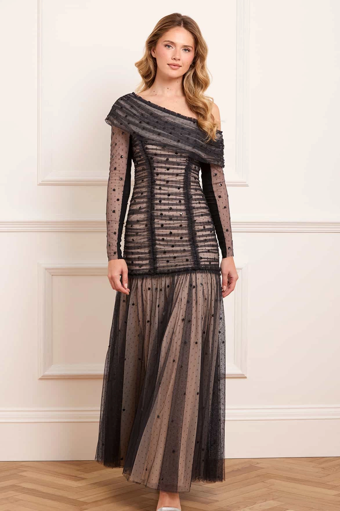 Gigi Dot One-Shoulder Rouched Gown Natural Flow