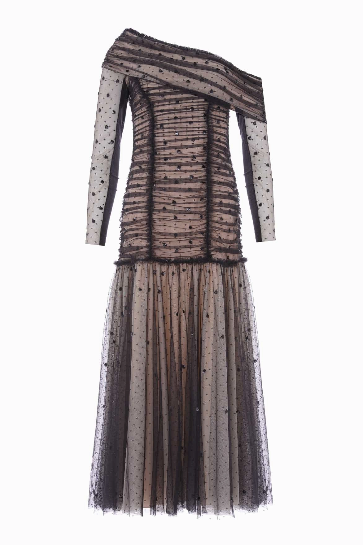 Travel Wear Subtle Mood Gigi Dot One-Shoulder Rouched Gown