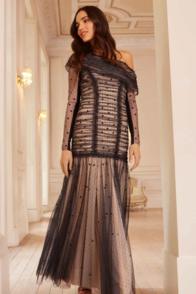 Gigi Dot One-Shoulder Rouched Gown Grass Soft Kimono-Sleeve