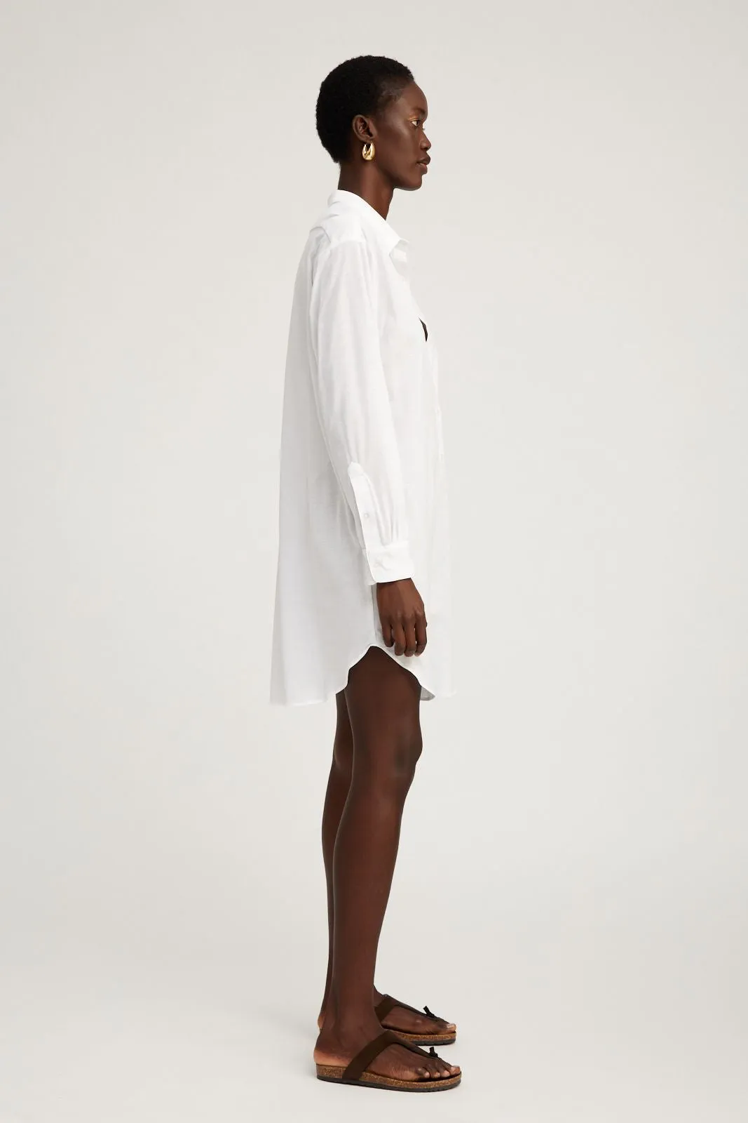 White Button Down Mini Dress Versatile Layer Gentle Drape