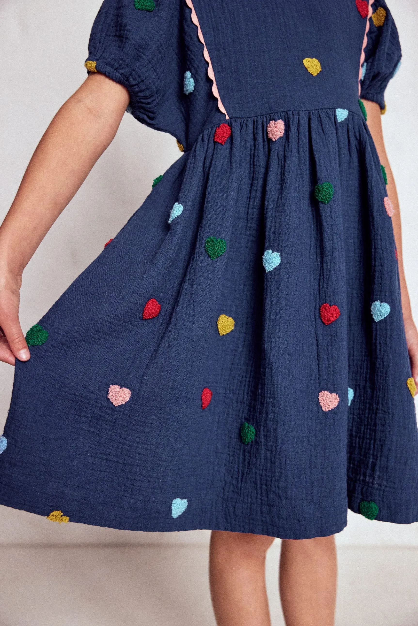 Work or Play Puff Sleeve Double Cloth Dress-Starboard Blue Hearts