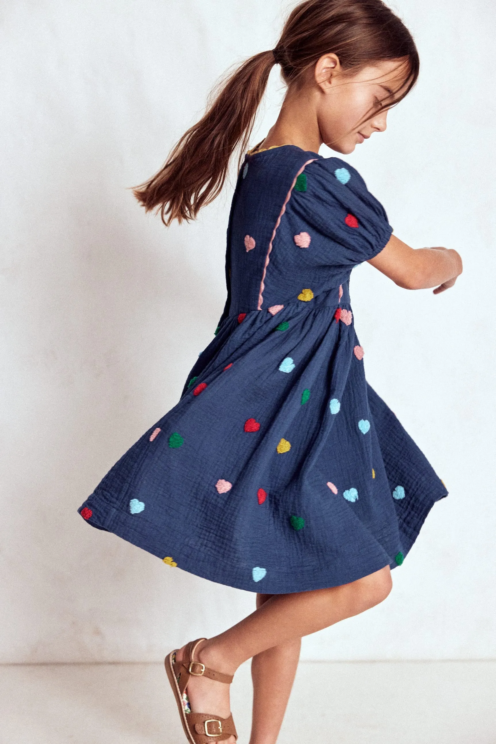 Essential Style Clean Comfort Puff Sleeve Double Cloth Dress-Starboard Blue Hearts