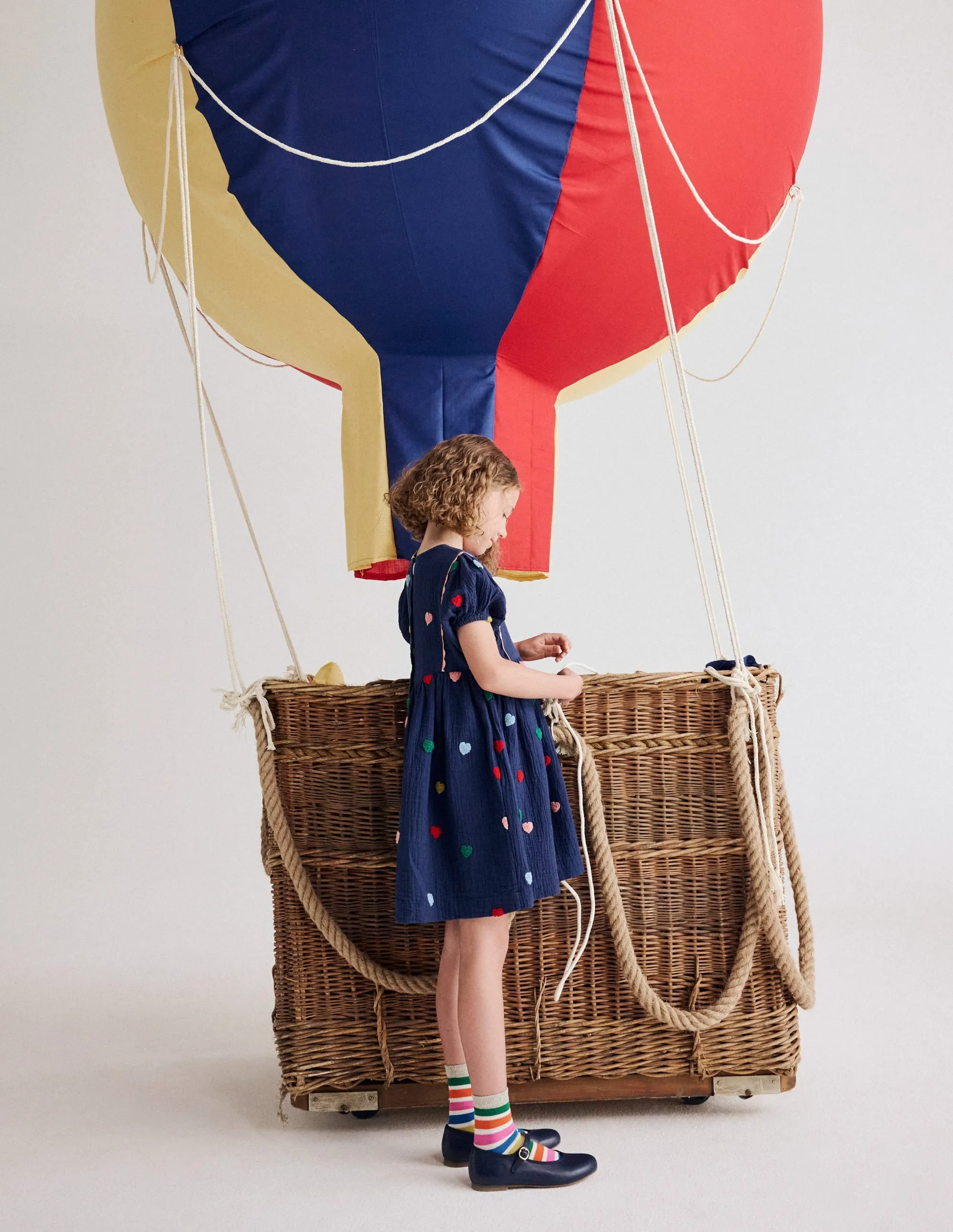 Empire-Waist Move Free Puff Sleeve Double Cloth Dress-Starboard Blue Hearts