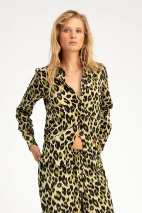 Green Leopard Silk Fitted Button Down Tagless Neckline Design