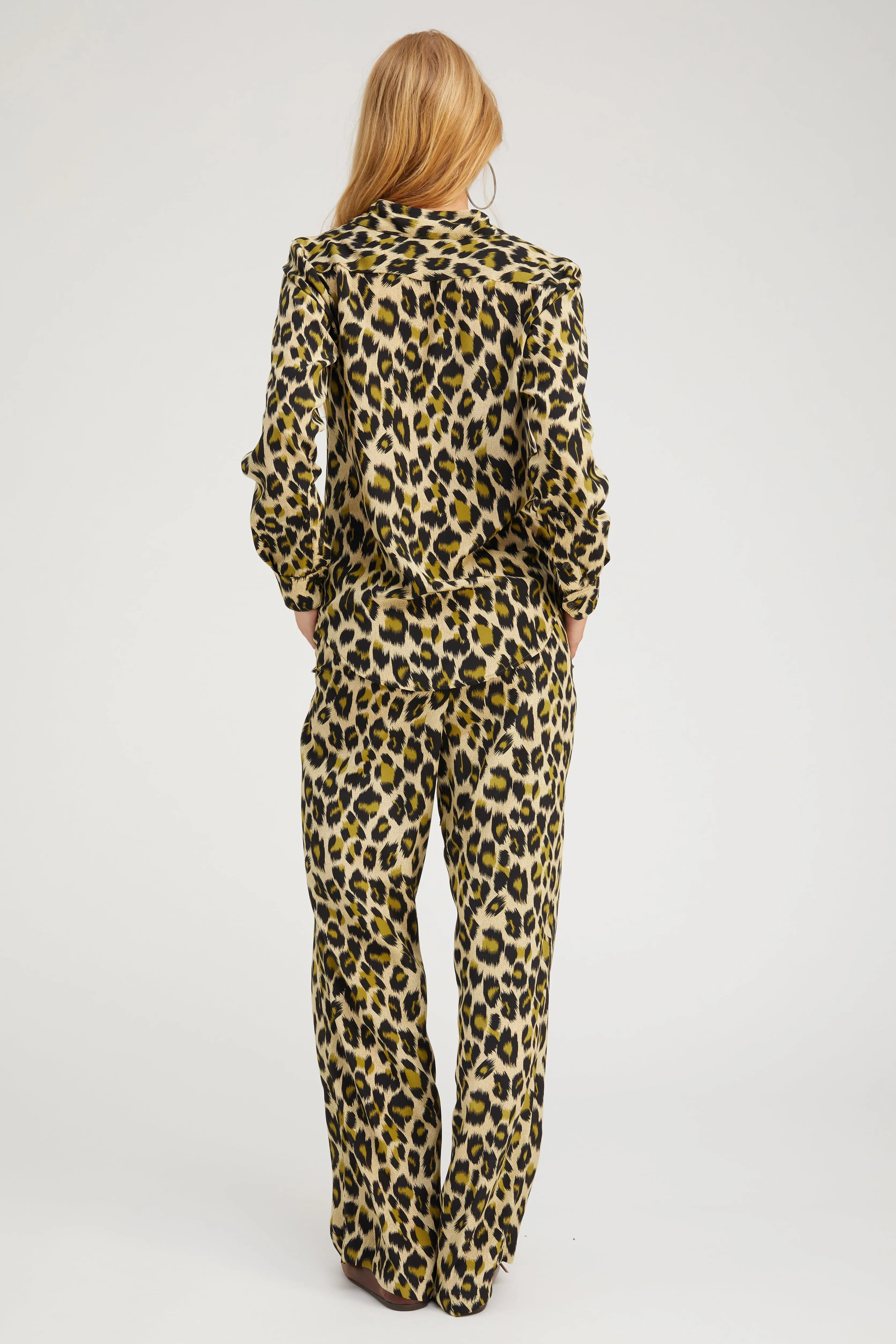 Circular Knit Technique Green Leopard Silk Fitted Button Down