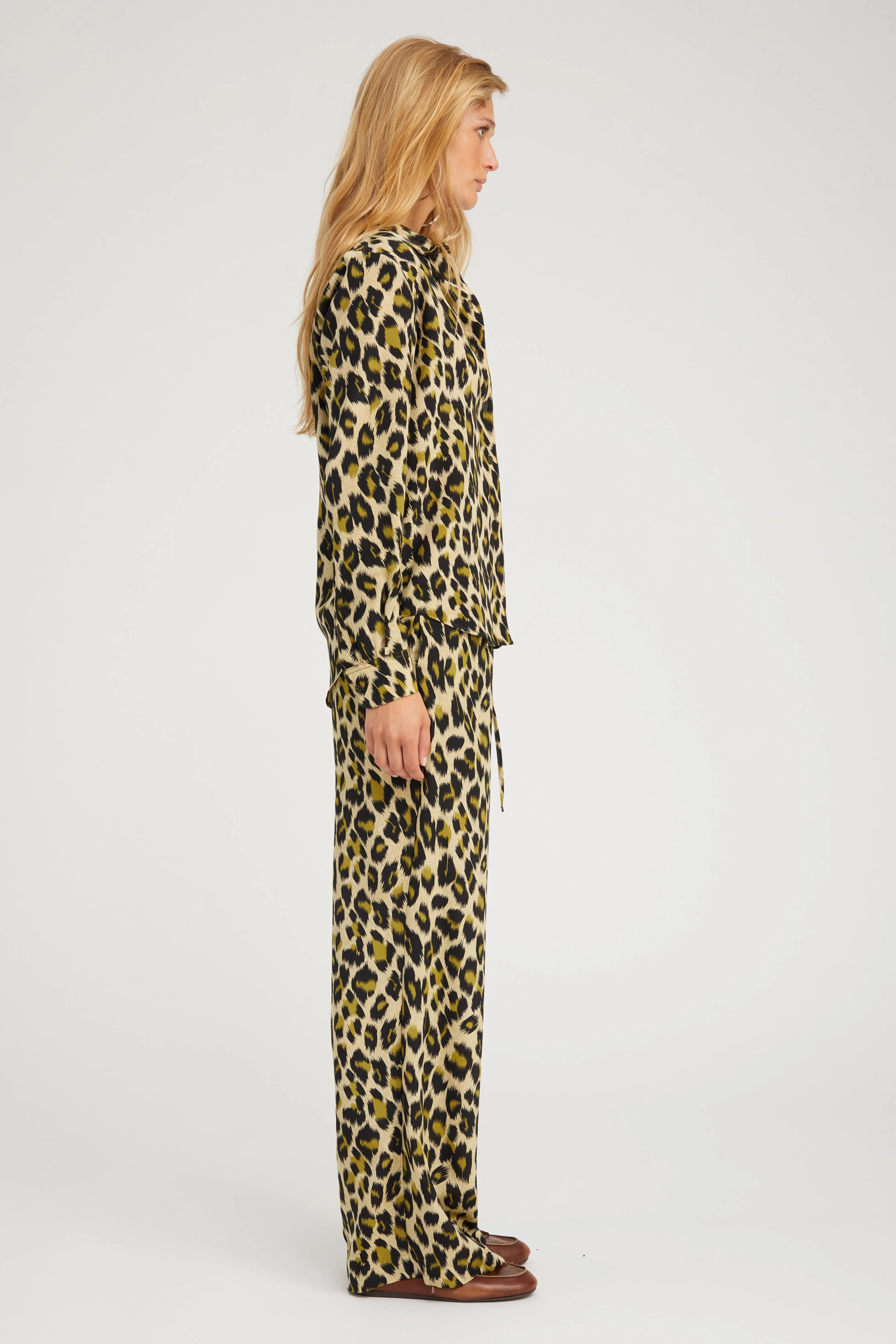 Green Leopard Silk Fitted Button Down Basic Tank EcoFriendlyMaterial