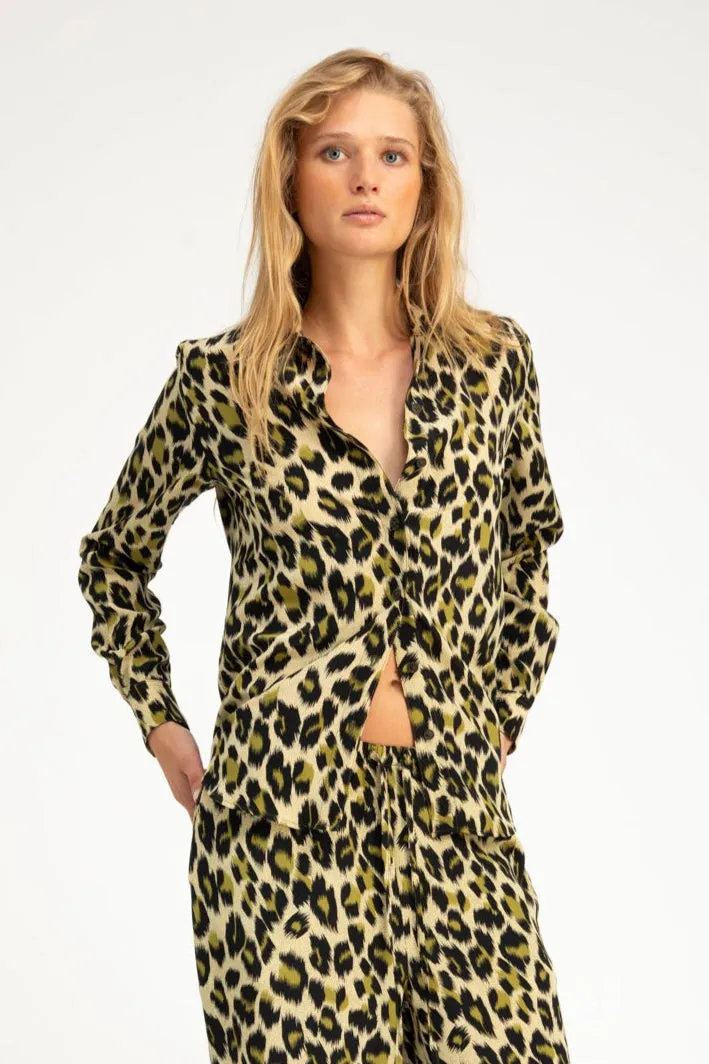 Green Leopard Silk Fitted Button Down Tagless Neckline Design