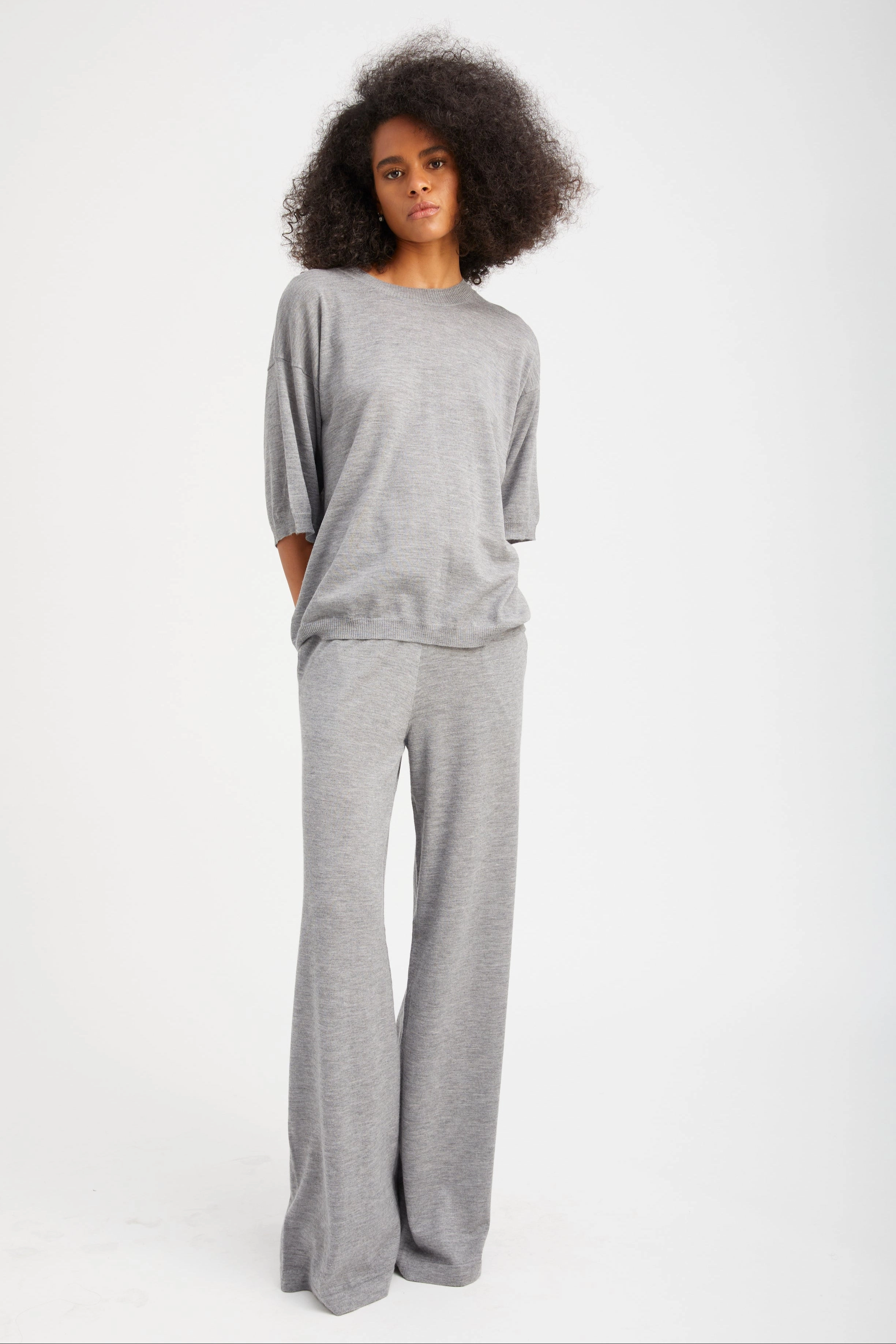 Structured Hemline Light Stretch Grey Cashmere Wide Leg Pants