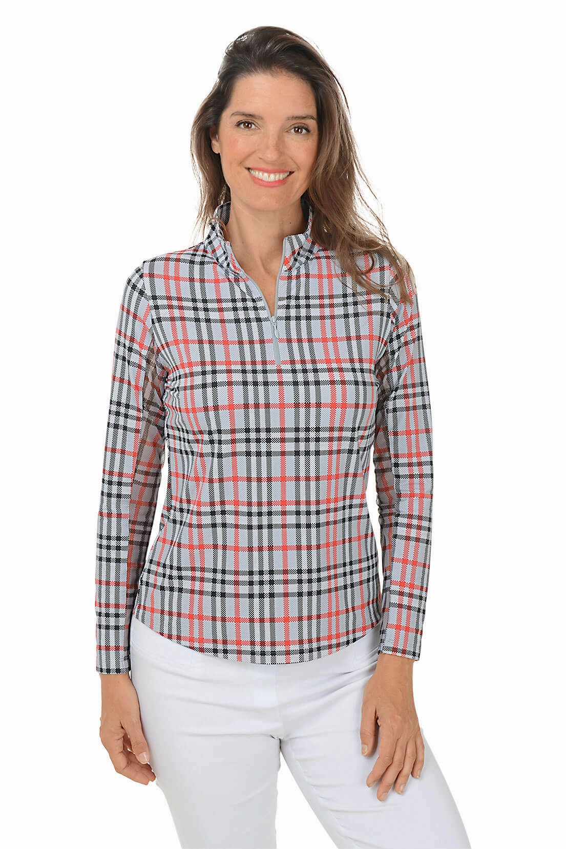 Grey Judith Plaid UPF50  Sun Shirt Hidden Zipper Pocket Flexible Neckline