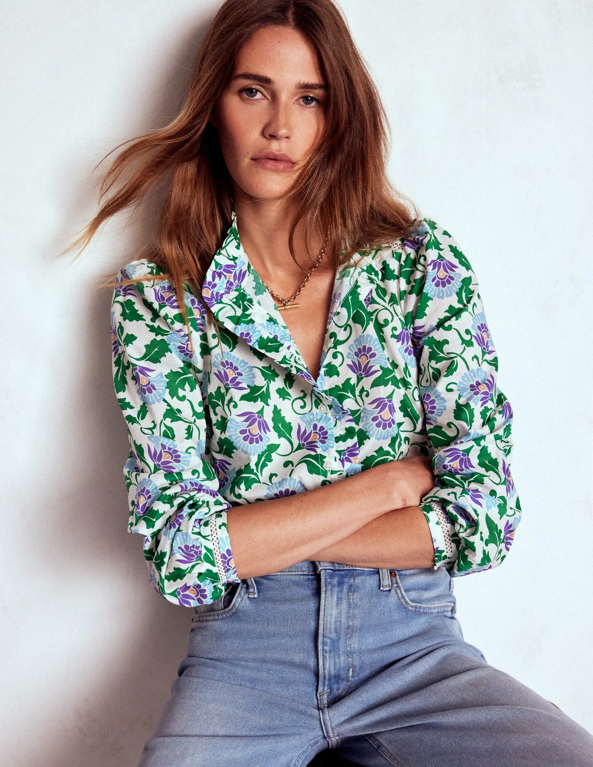 Helena Cotton Top-Rich Emerald, Ornate Vine Versatile Layering Piece All Season Wear Fabric