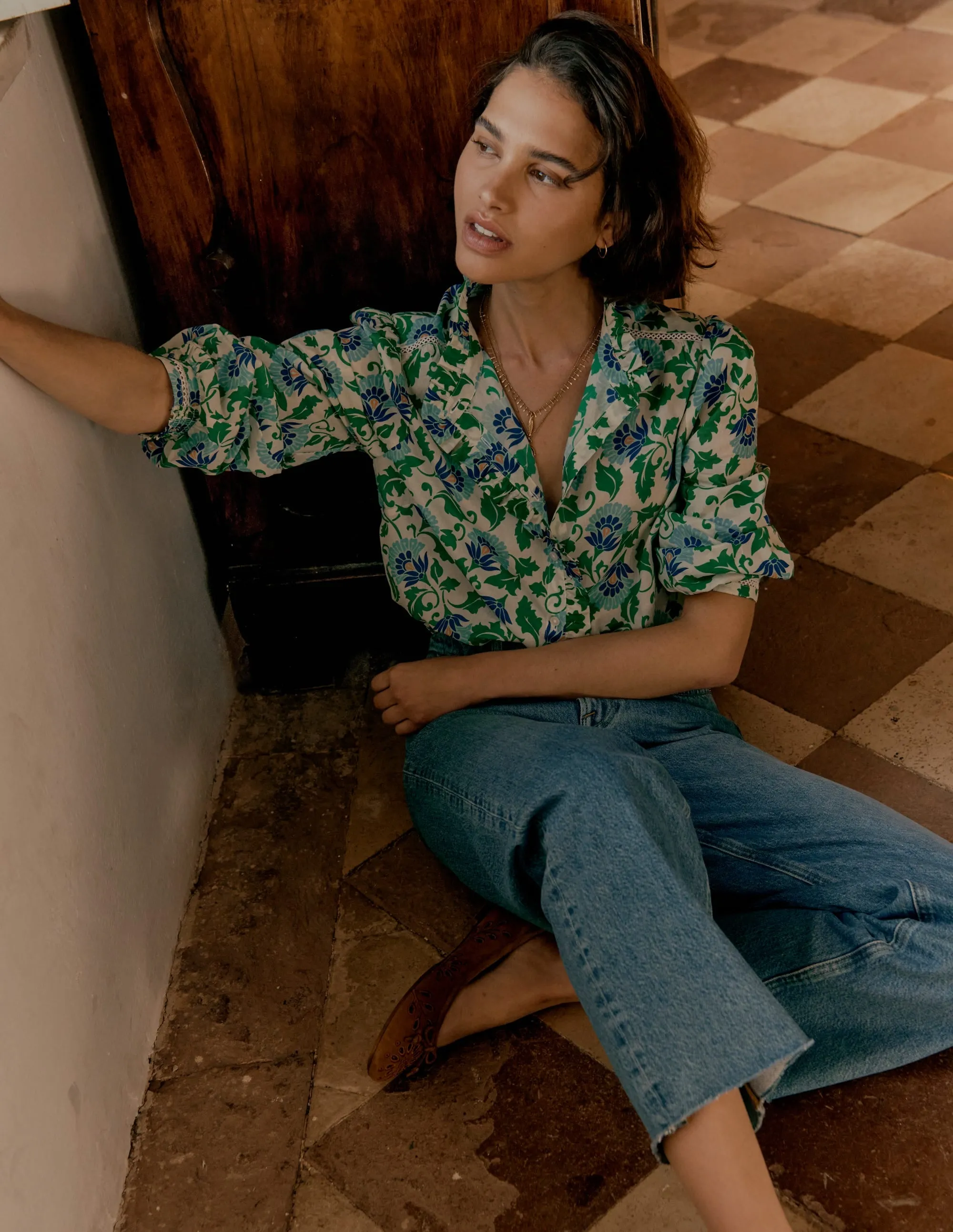 Helena Cotton Top-Rich Emerald, Ornate Vine FrictionResistant Trim