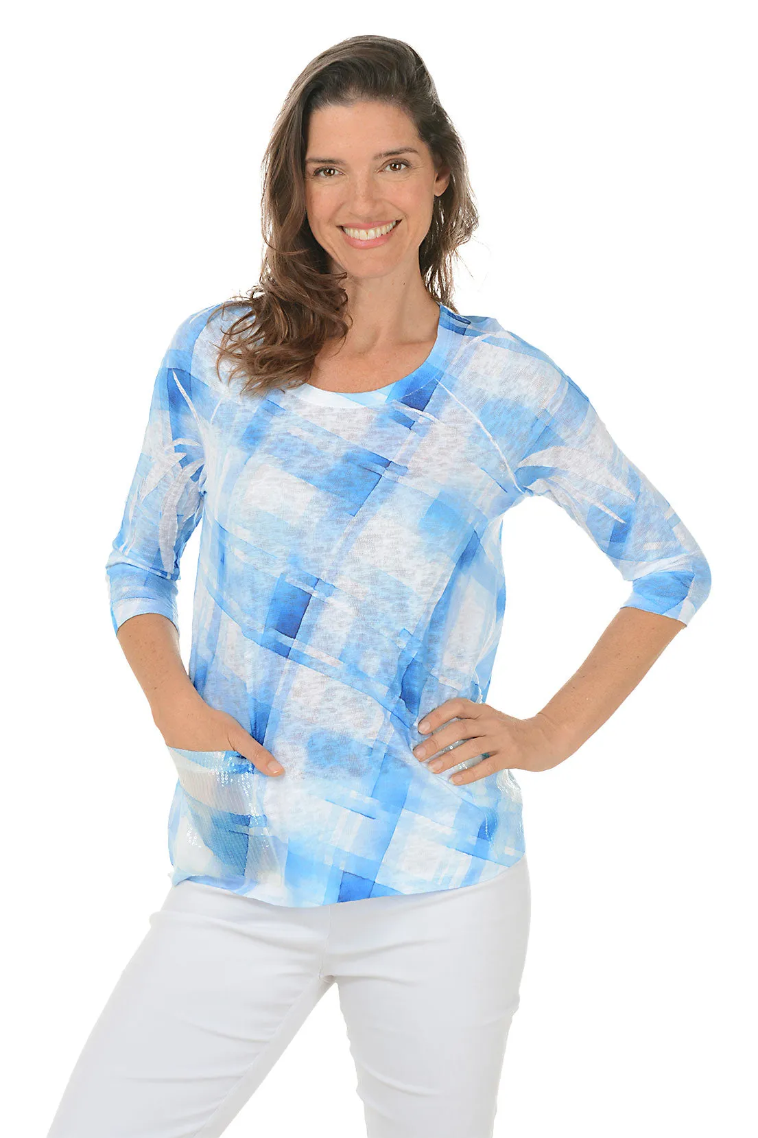 Painted Plaid Seqin Pocket Knit Top Adjustable Hem Toggles