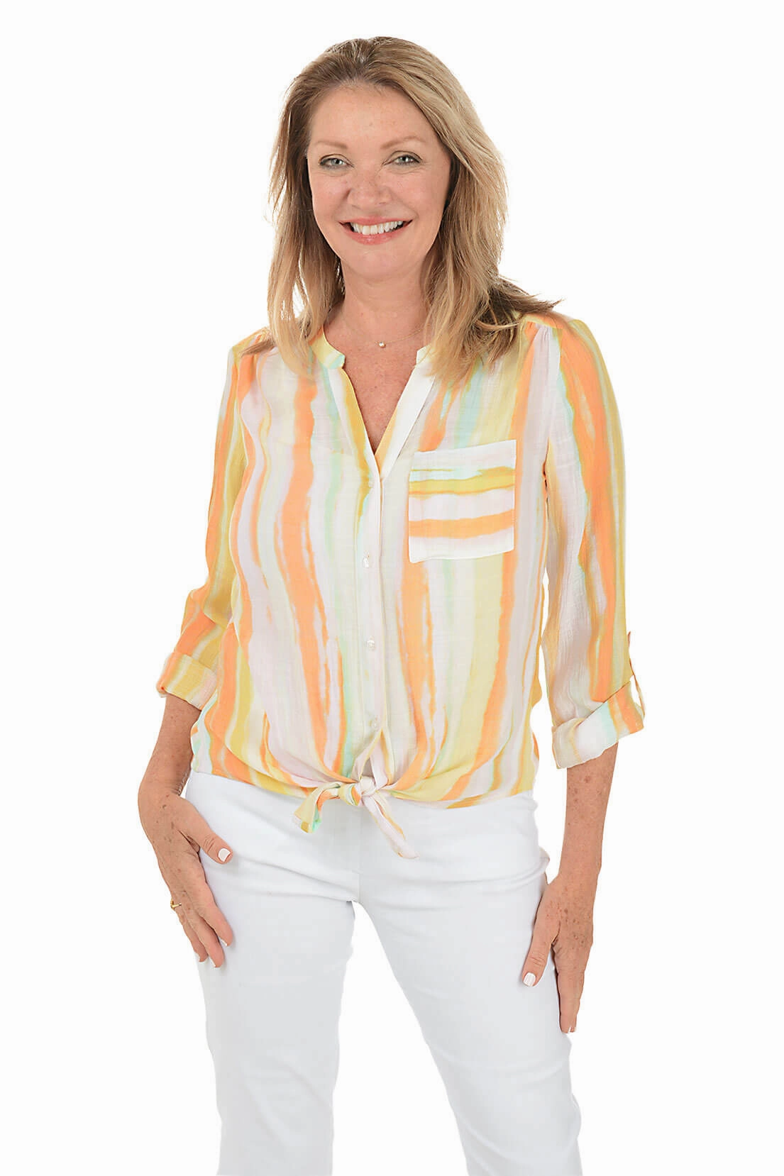 Habanero Stripe Button-Front Blouse DroppedShoulder Ventilated Mesh Panels