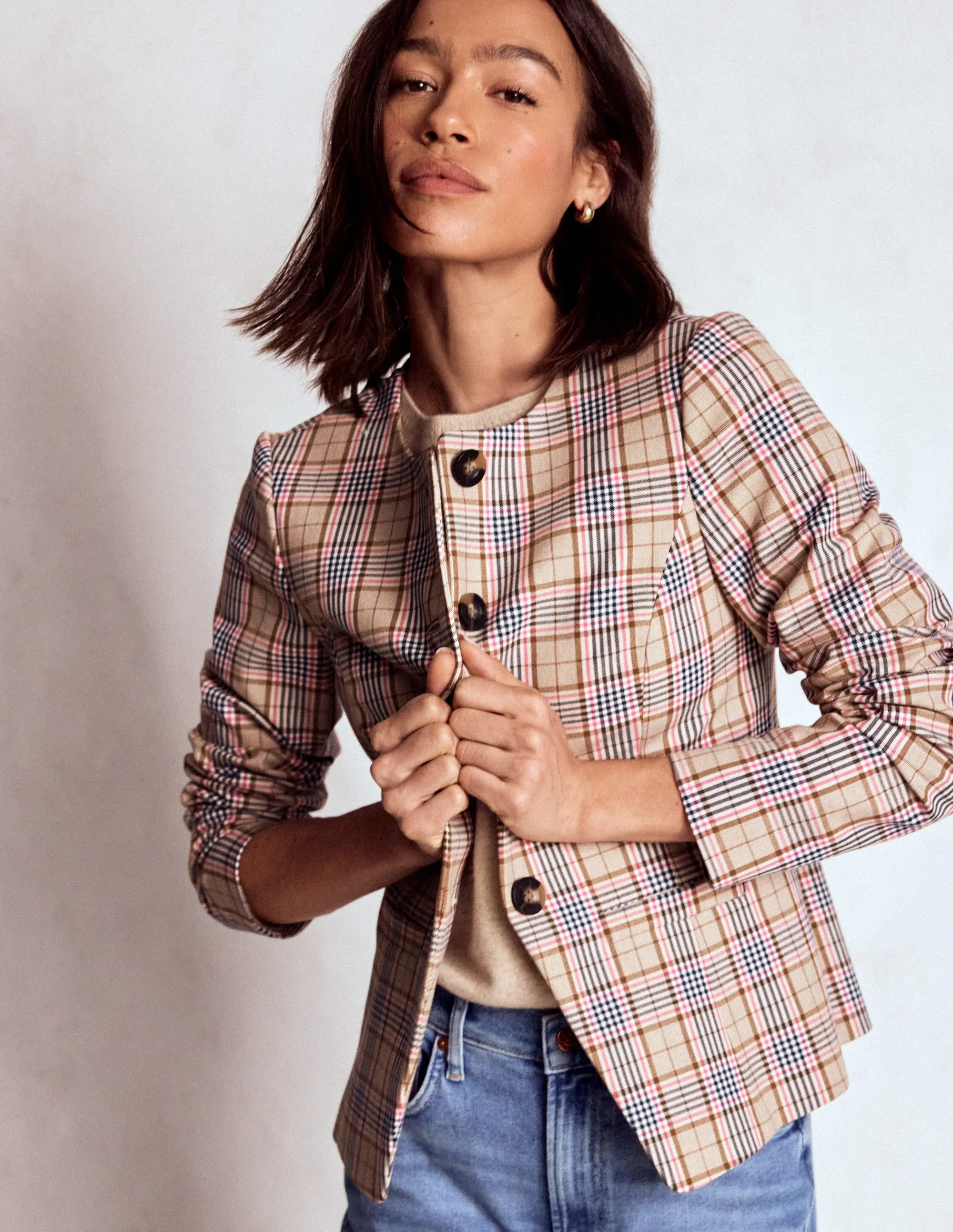 Hampstead Check Blazer-Brown, Pink & Navy  Check snap closure Reflective details