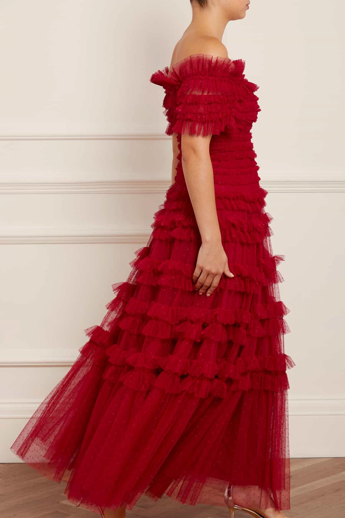 Lisette Ruffle Off Shoulder Gown Layered Form Feminine Mood