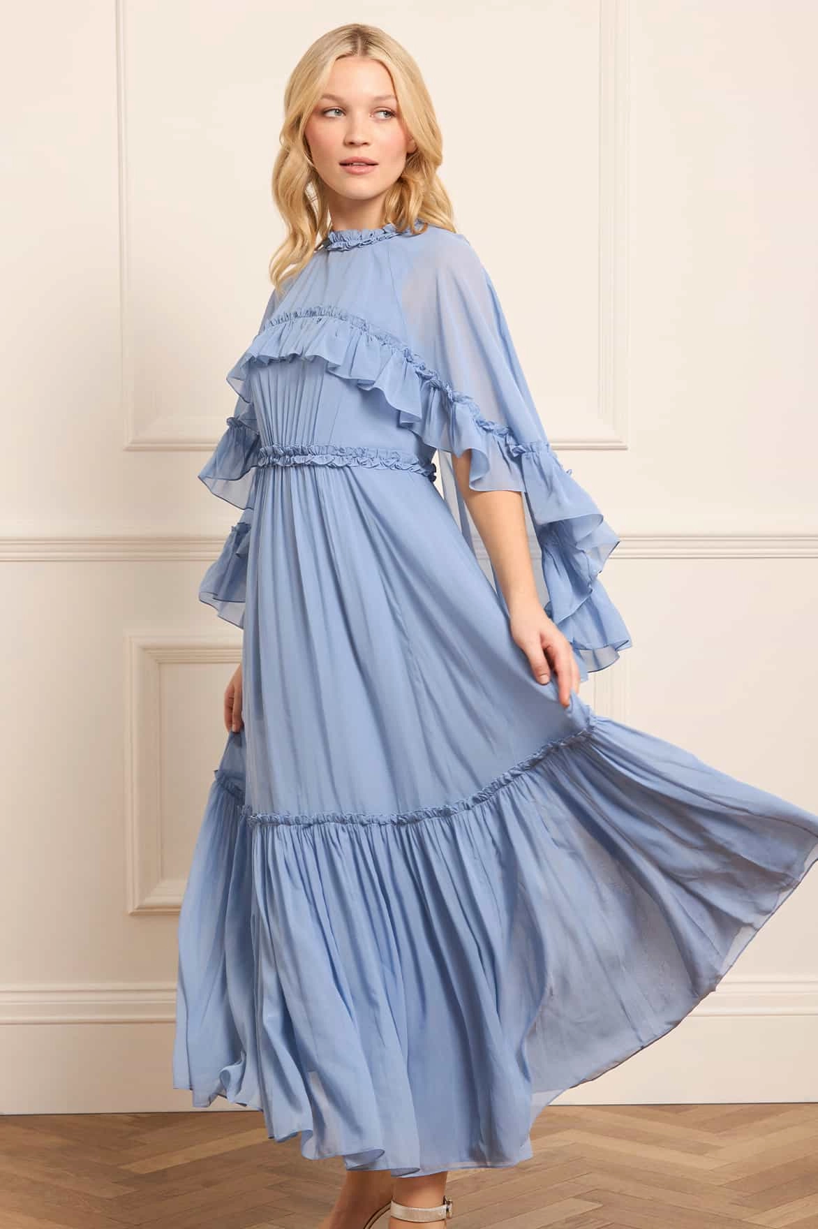 Harper Chiffon Cape Ankle Gown Structured Fit