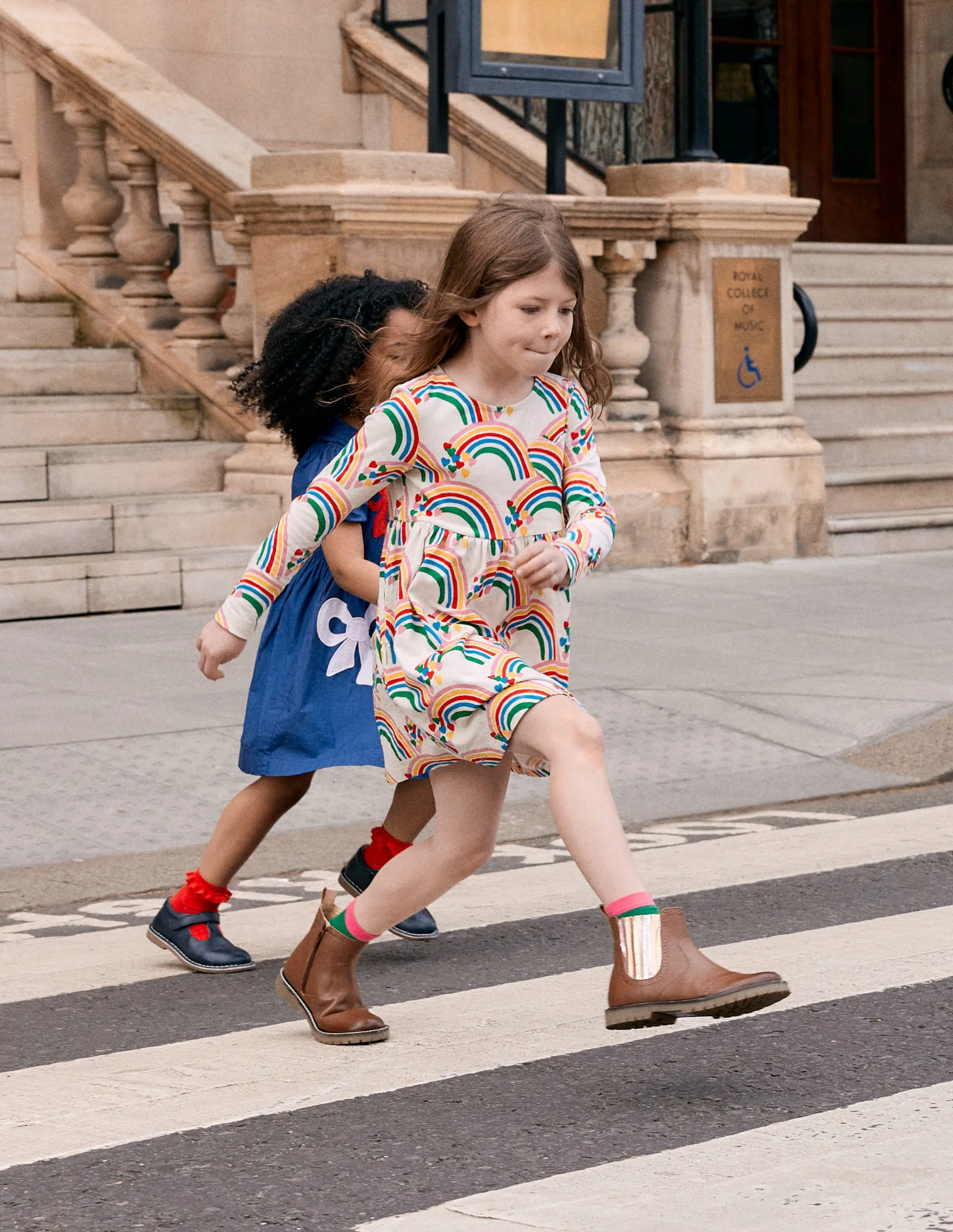 Flowing Texture Heart Pocket Fun Jersey Dress-Oatmeal Marl Rainbow Hearts