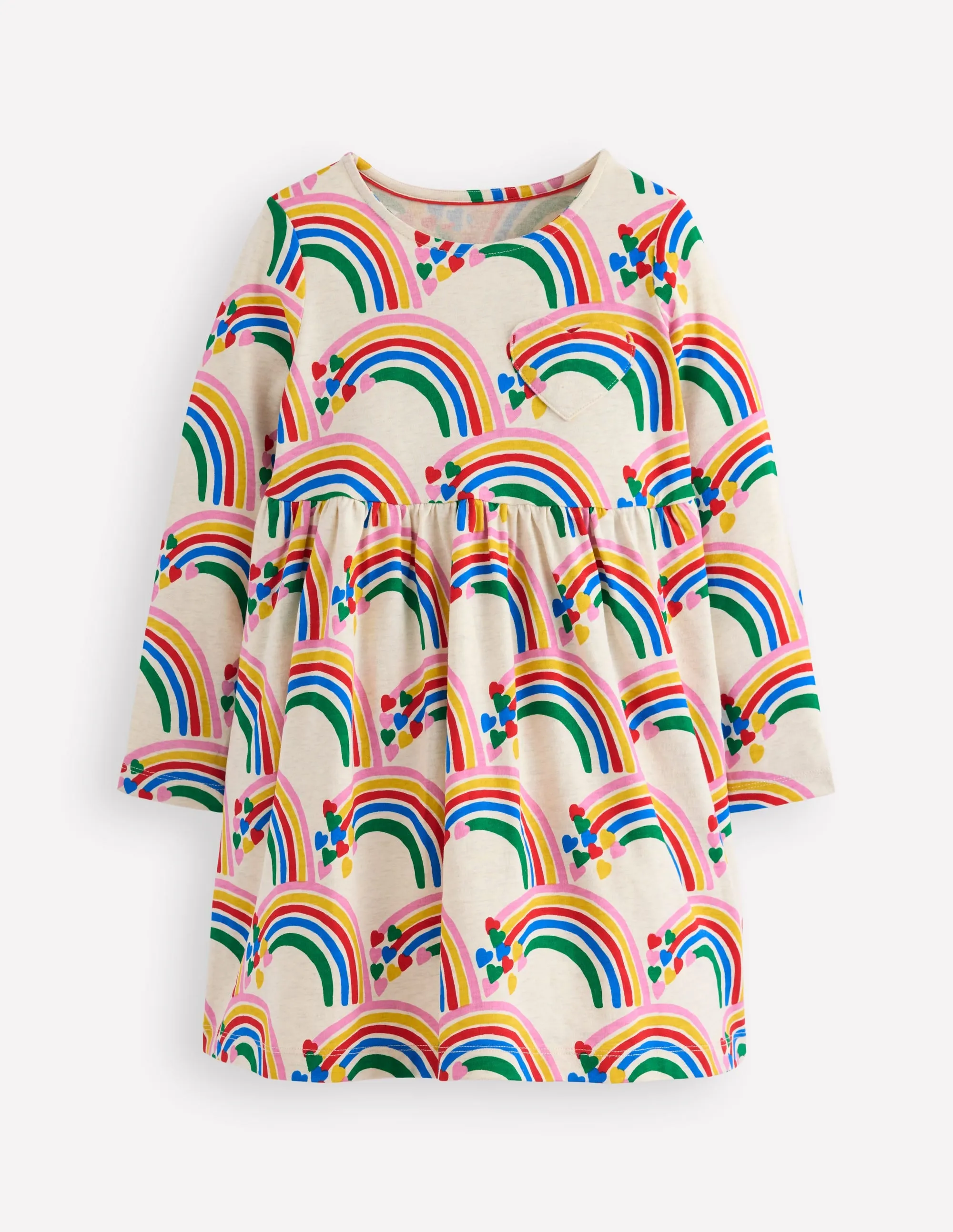 Chic Layering Bridal-Shower Heart Pocket Fun Jersey Dress-Oatmeal Marl Rainbow Hearts