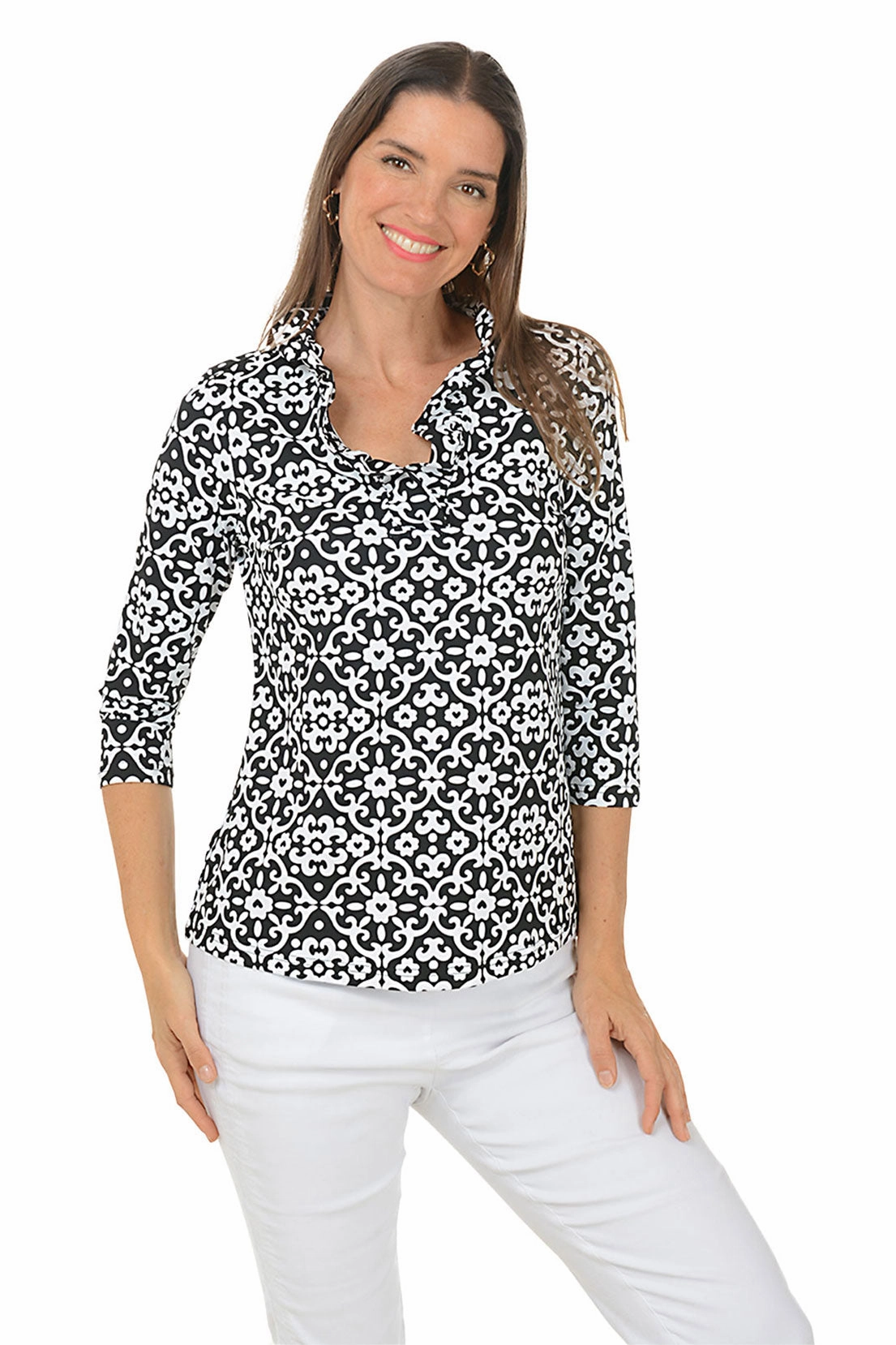 Heart Damask Ruffle Neck UPF50  Top Moisture Control Technology Soft Cotton Blend