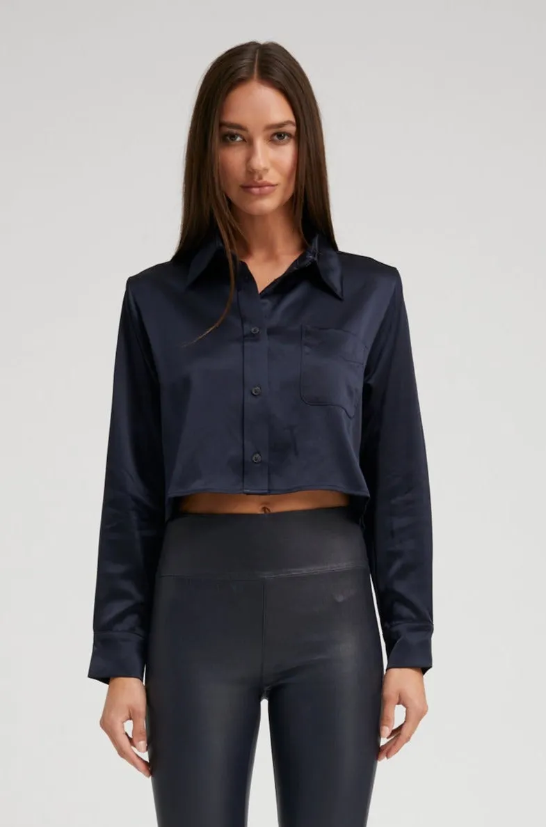 Navy Silk Cropped Button Down Flatlock Seam Technique ConvertibleCollar