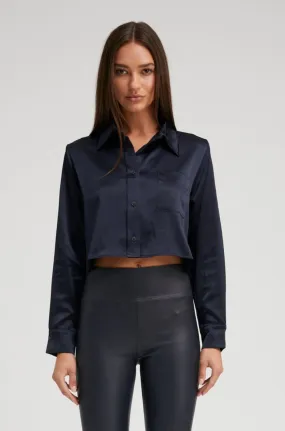 Navy Silk Cropped Button Down AntiStaticLining