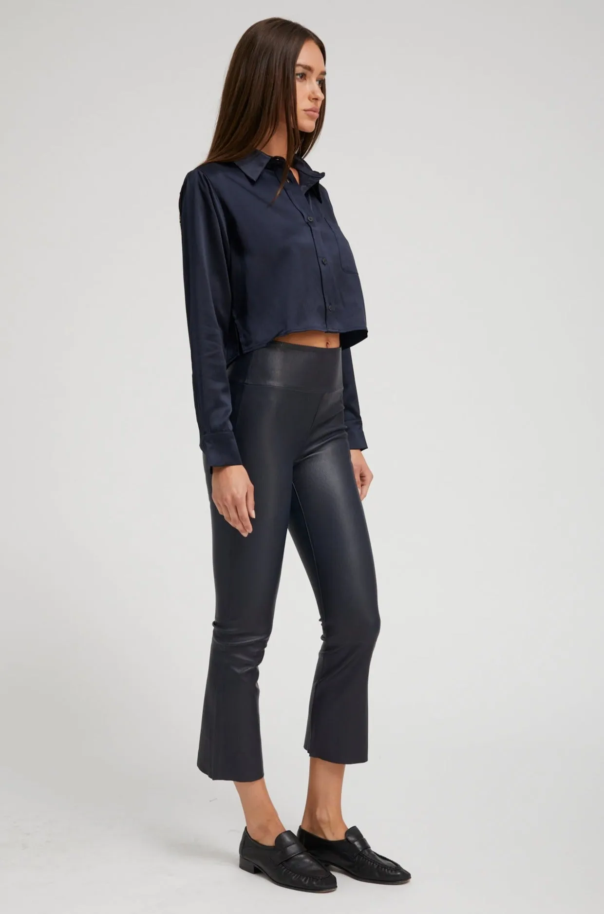 Navy Silk Cropped Button Down FourWay Stretch AntiPill Finish