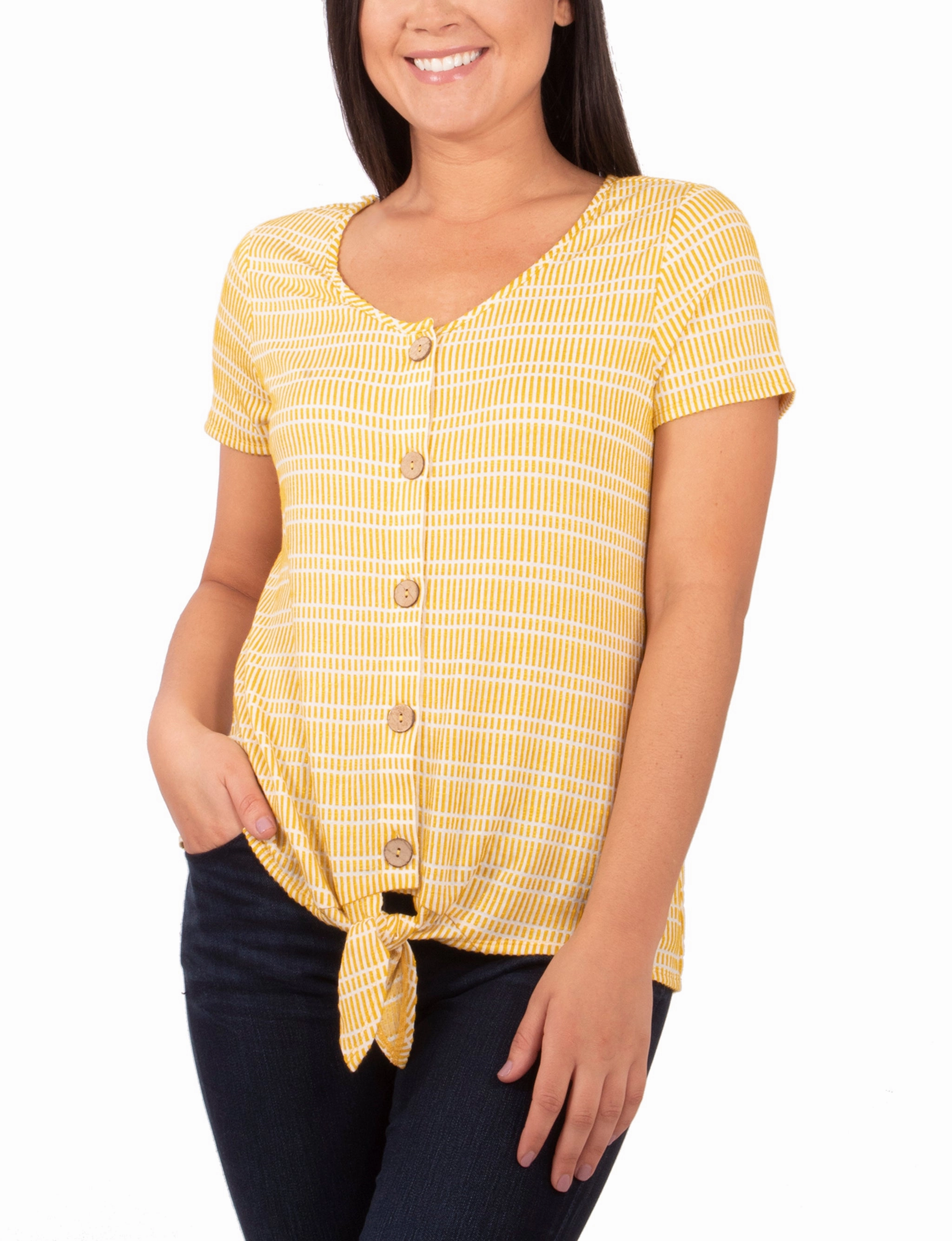 Short Sleeve Button Front Top With Tie At Hem PocketDetails