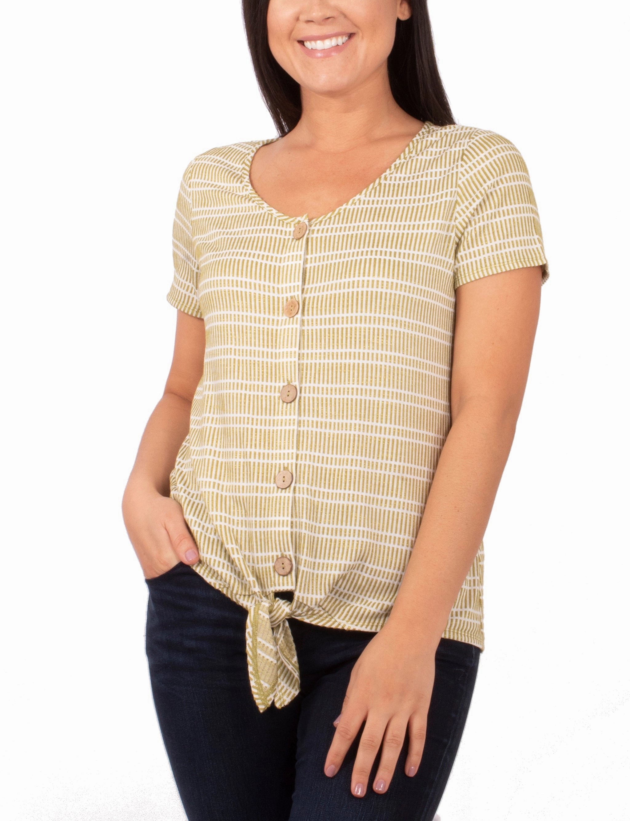 Short Sleeve Button Front Top With Tie At Hem Quick Dry Tech