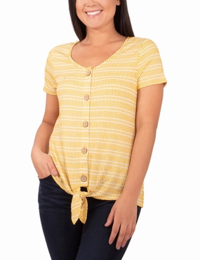 Short Sleeve Button Front Top With Tie At Hem PocketDetails