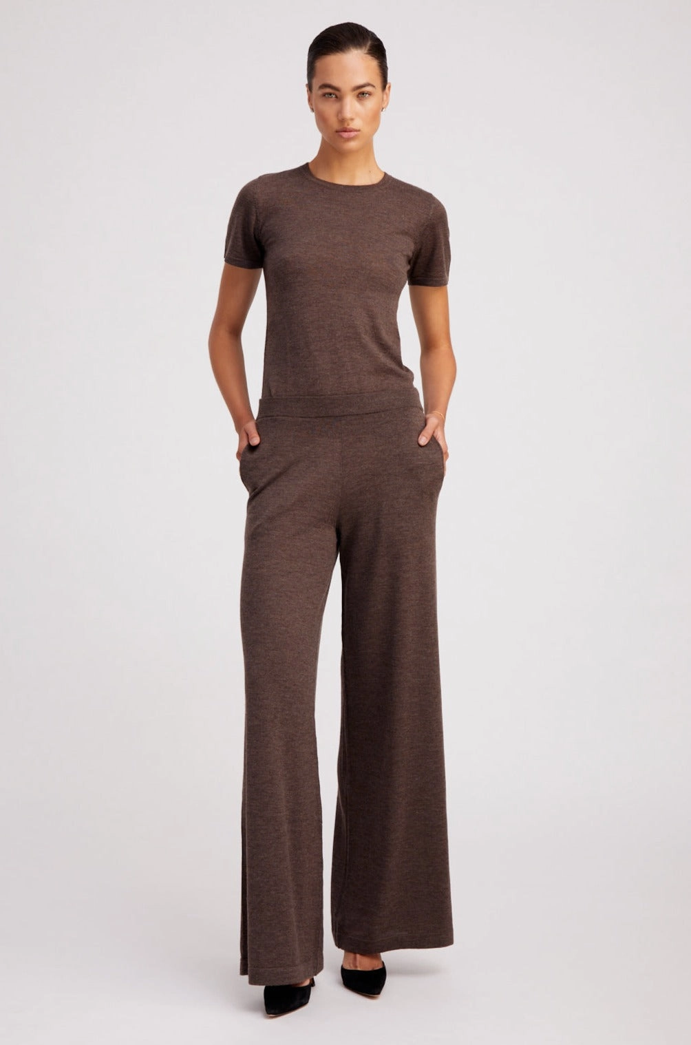 Heather Brown Ultra Fine Cashmere Wide Leg Pants Contoured Panel Design Low Profile Fasteners