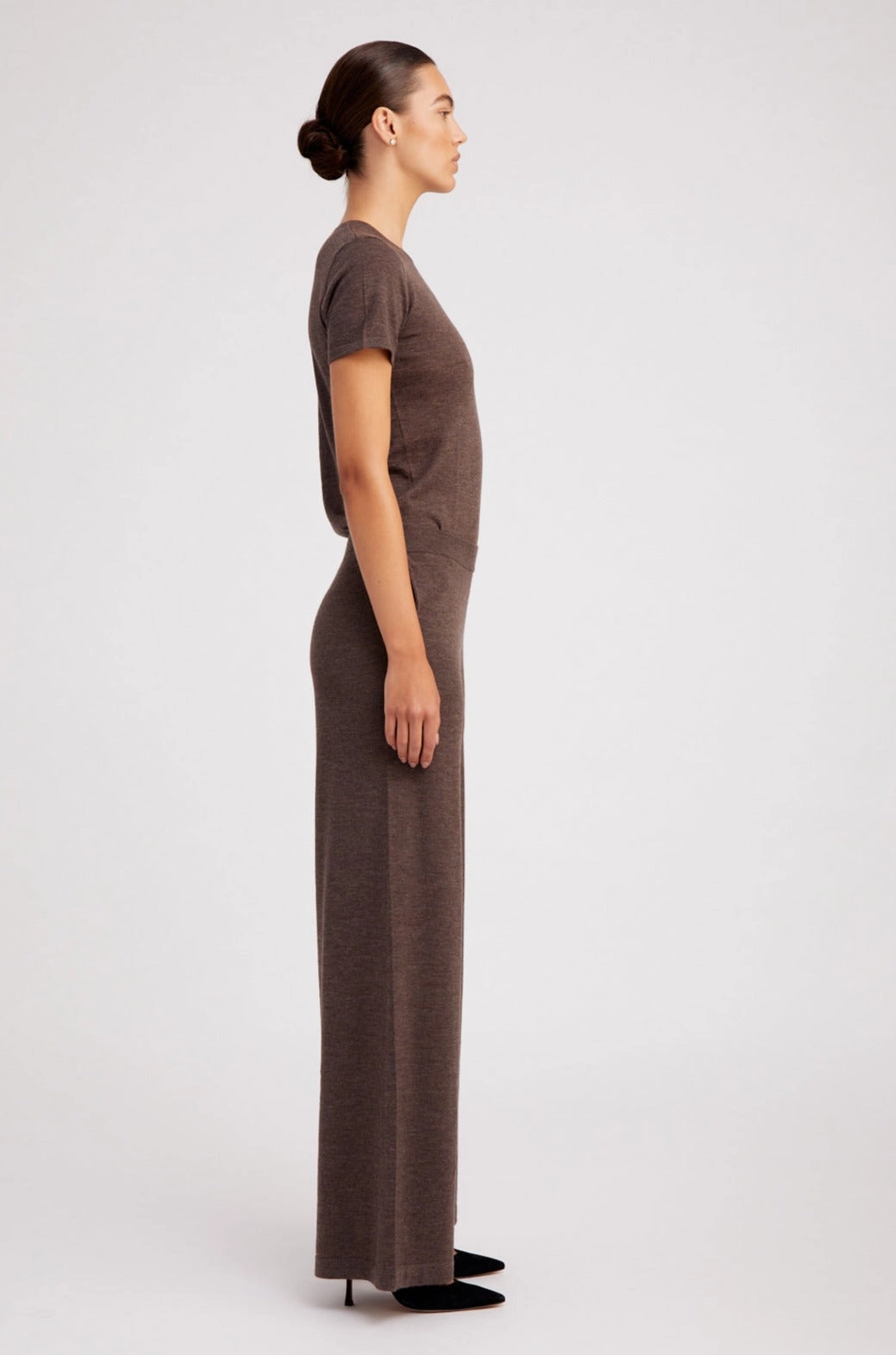 Mid-rise fit Everyday Wear Heather Brown Ultra Fine Cashmere Wide Leg Pants