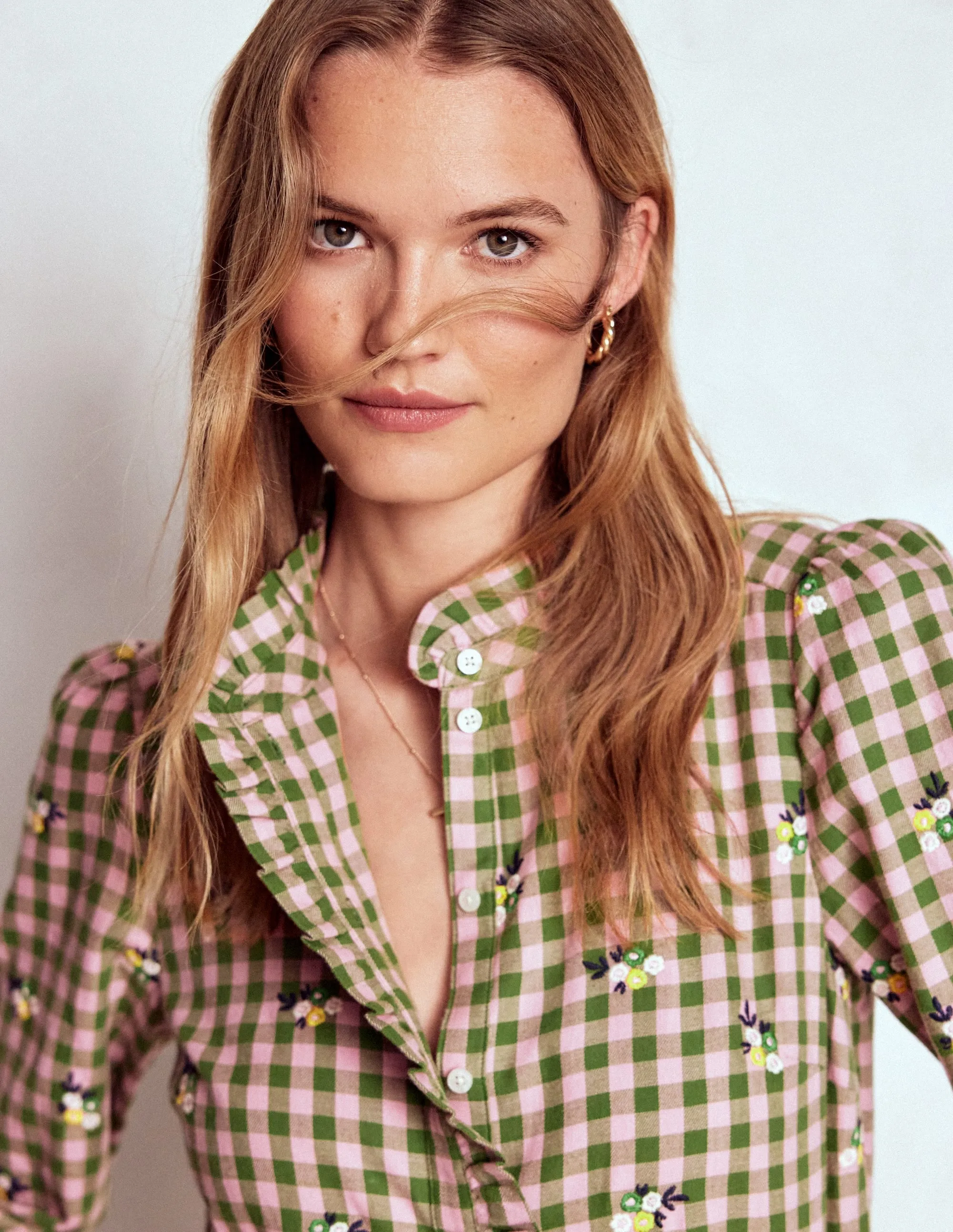 Flexible Neckline Helena Brushed Cotton Top-Green and Pink Floral Check