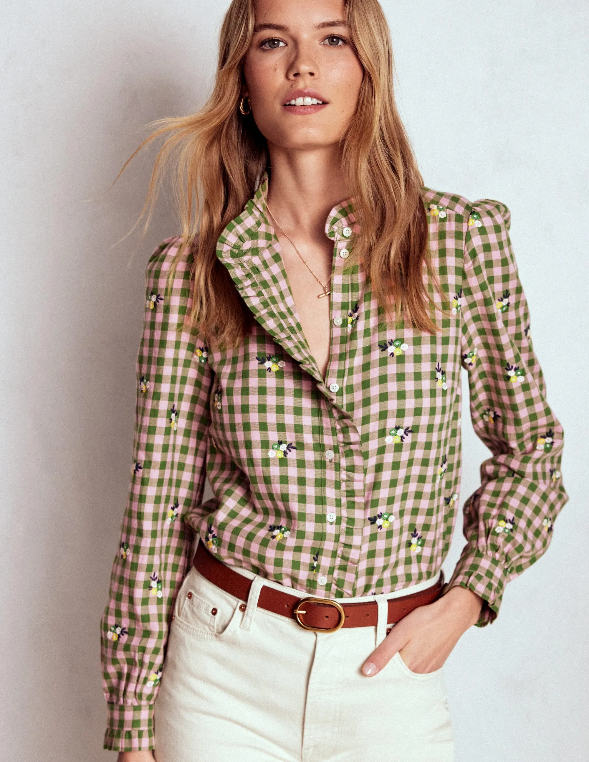 BoxySilhouette Unstructured Fit Helena Brushed Cotton Top-Green and Pink Floral Check