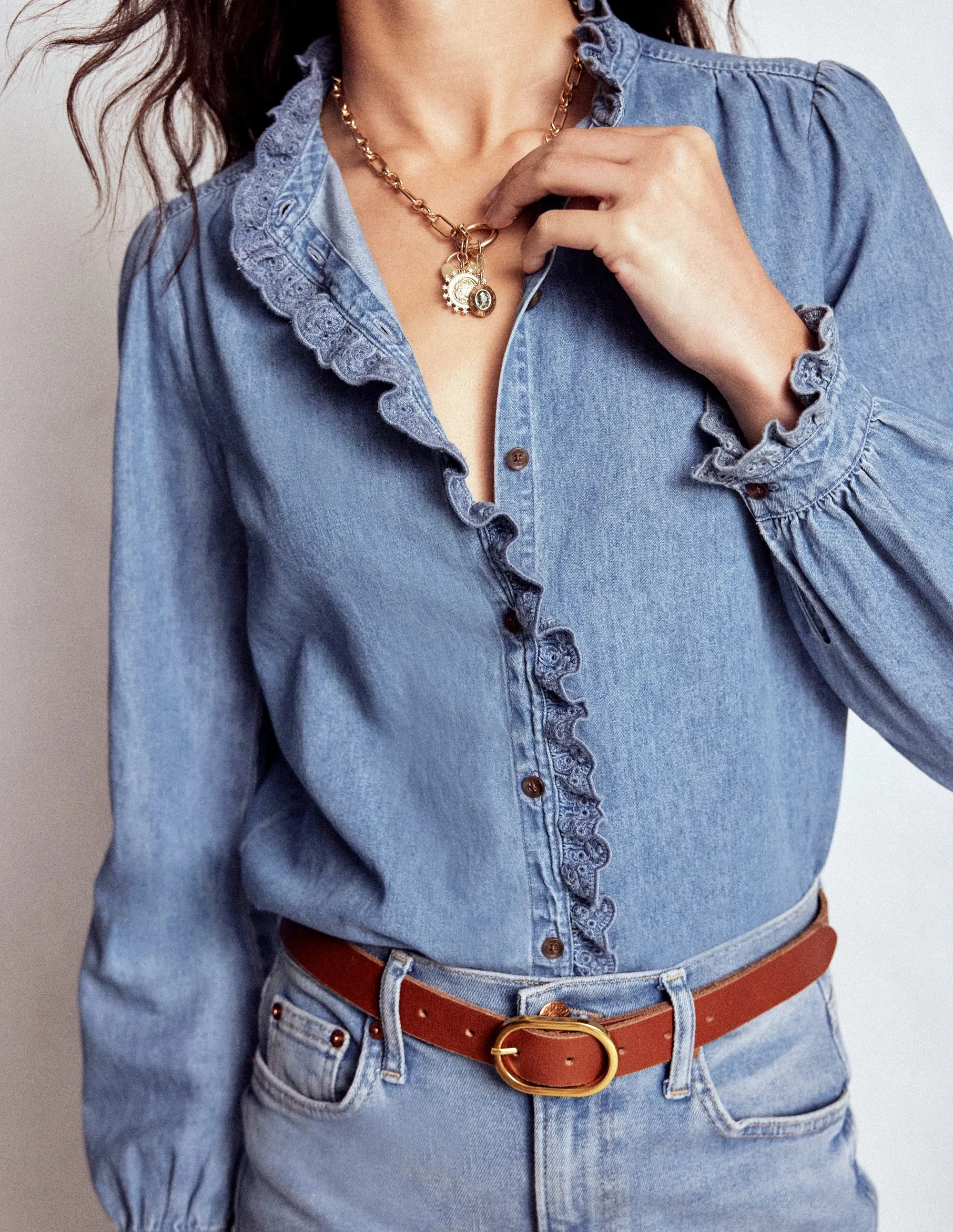 Helena Denim Ruffle Neck Top-Light Authentic Anti Pilling Treatment GarmentDyed