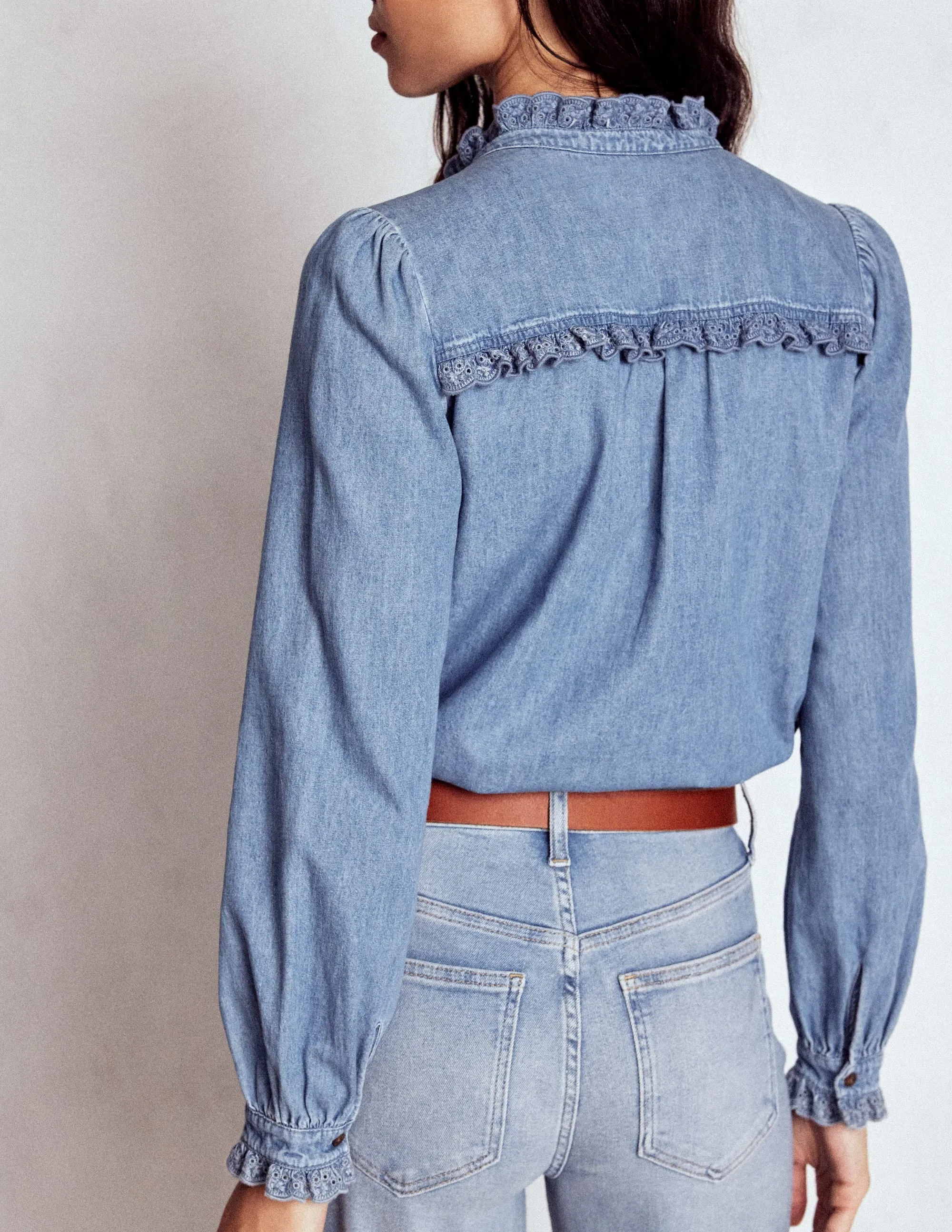 Curved Hem Design Helena Denim Ruffle Neck Top-Light Authentic