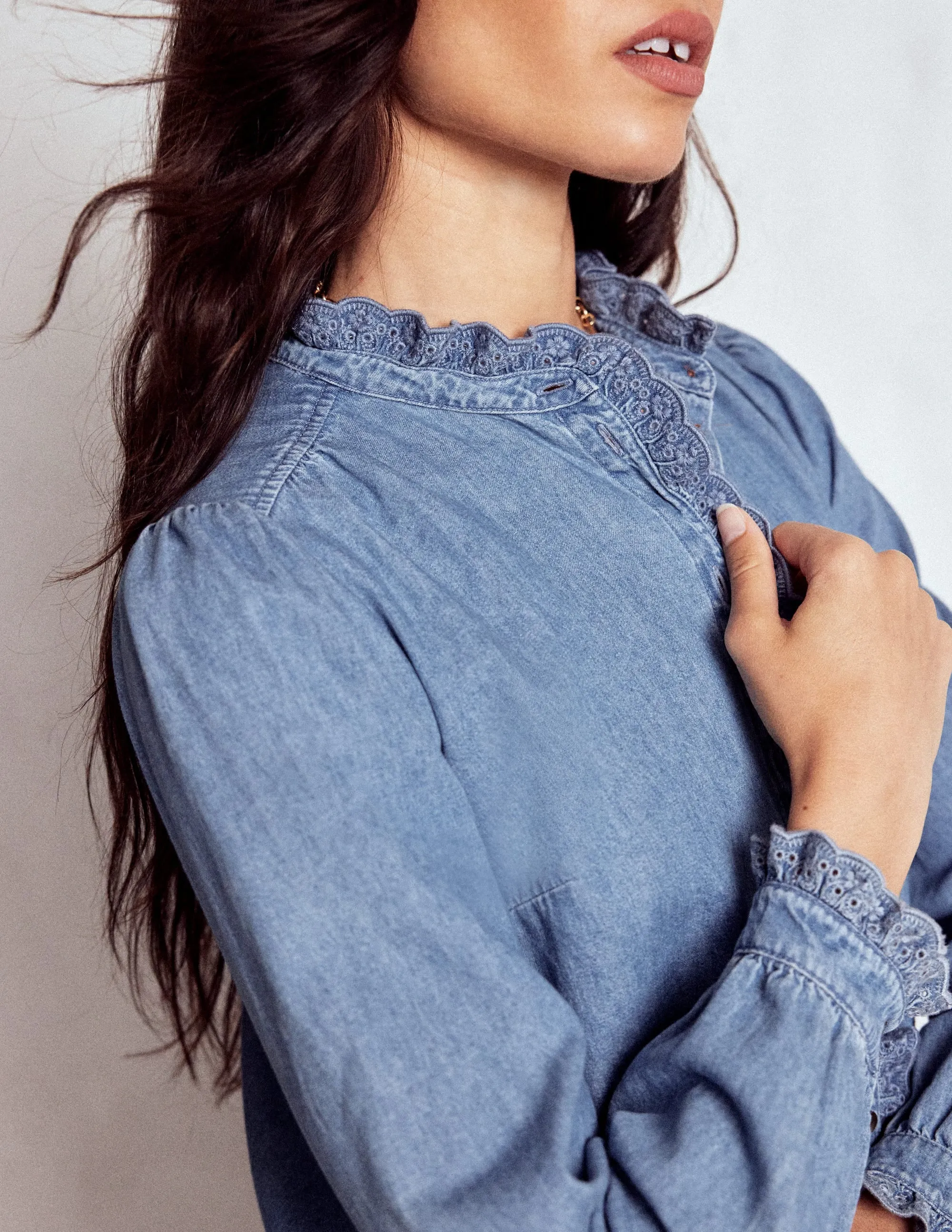 Helena Denim Ruffle Neck Top-Light Authentic Summer Blouse CrewNeck