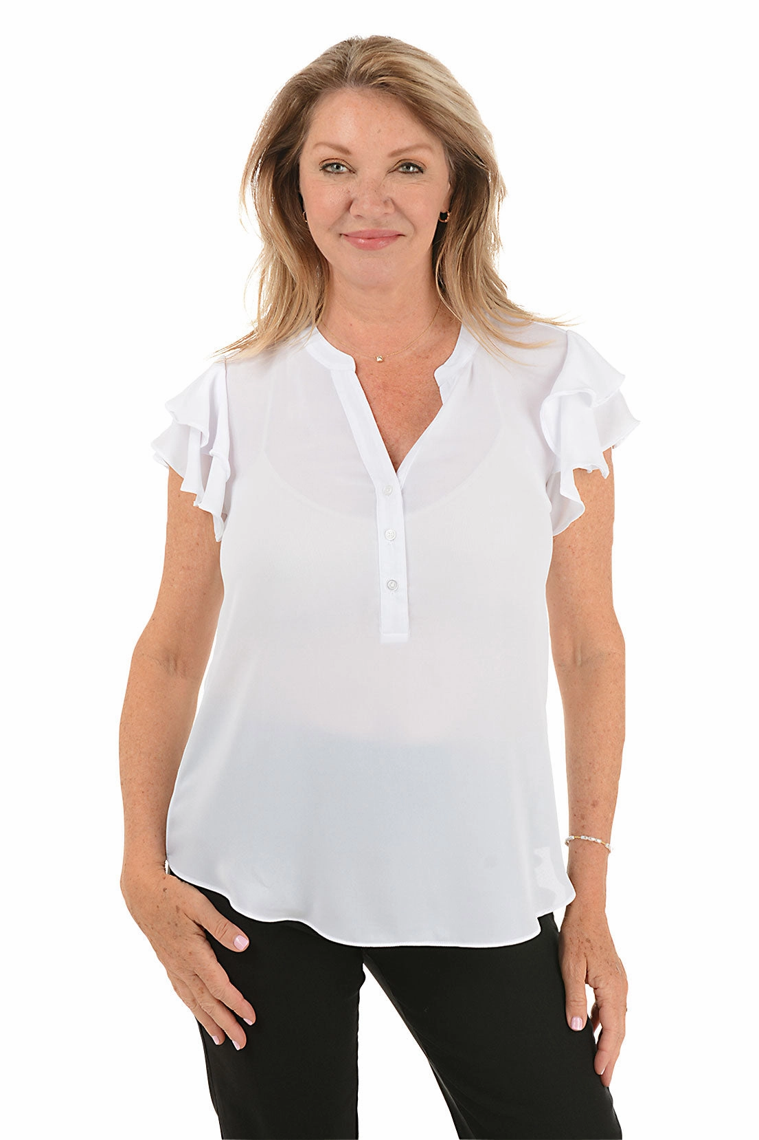 Double Needle Stitching Solid Crepe Ruffled Short Sleeve Blouse