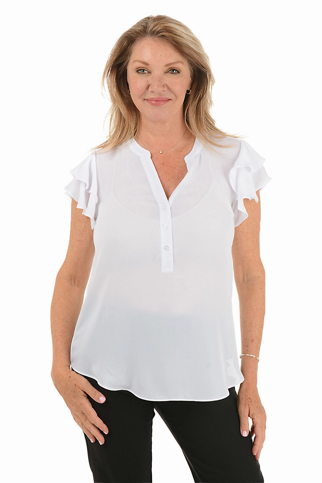 Solid Crepe Ruffled Short Sleeve Blouse Antimicrobial Treatment Asymmetrical hem