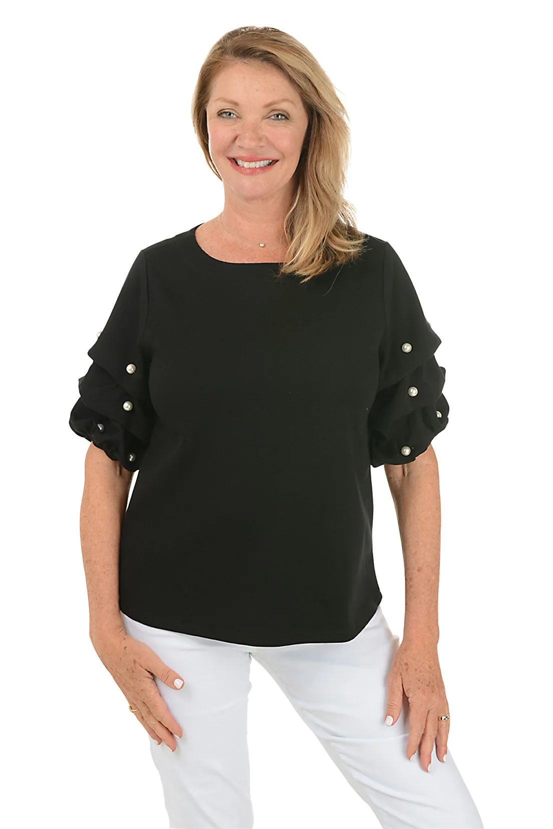 Pearl Gathered Elbow Sleeve Top Microfiber texture Long Sleeve Shirt