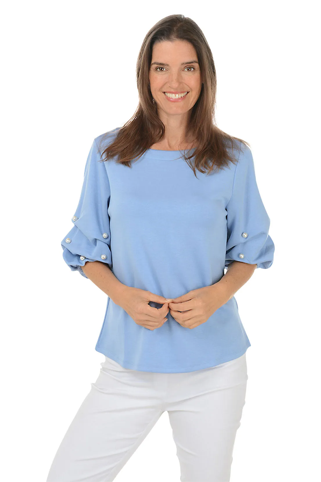 Layered Panel Construction Simple Shirt Pearl Gathered Elbow Sleeve Top