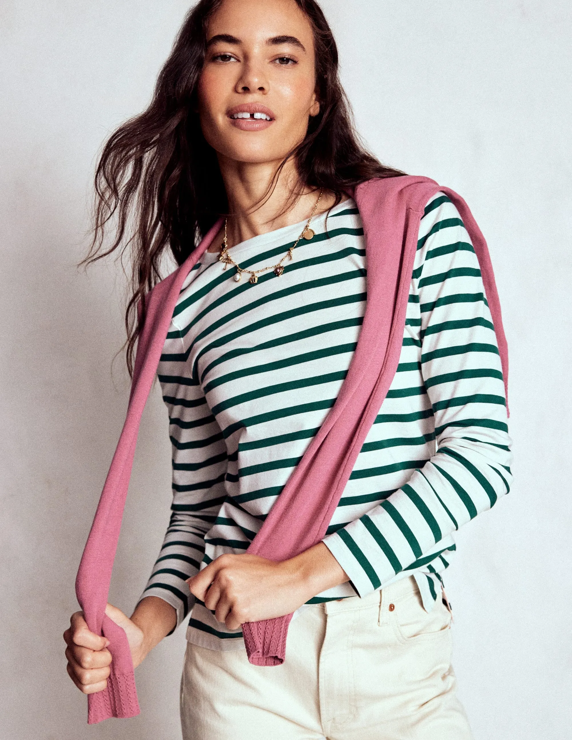 EcoFriendlyBlend Breathable back panel Olivia Long Sleeve Breton-Emerald Night Stripe