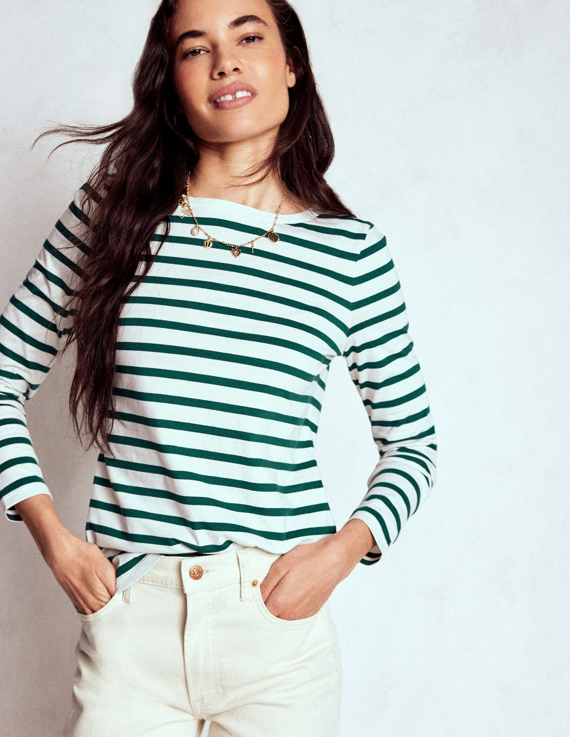 QuickDry Reinforced Neckline Detail Olivia Long Sleeve Breton-Emerald Night Stripe