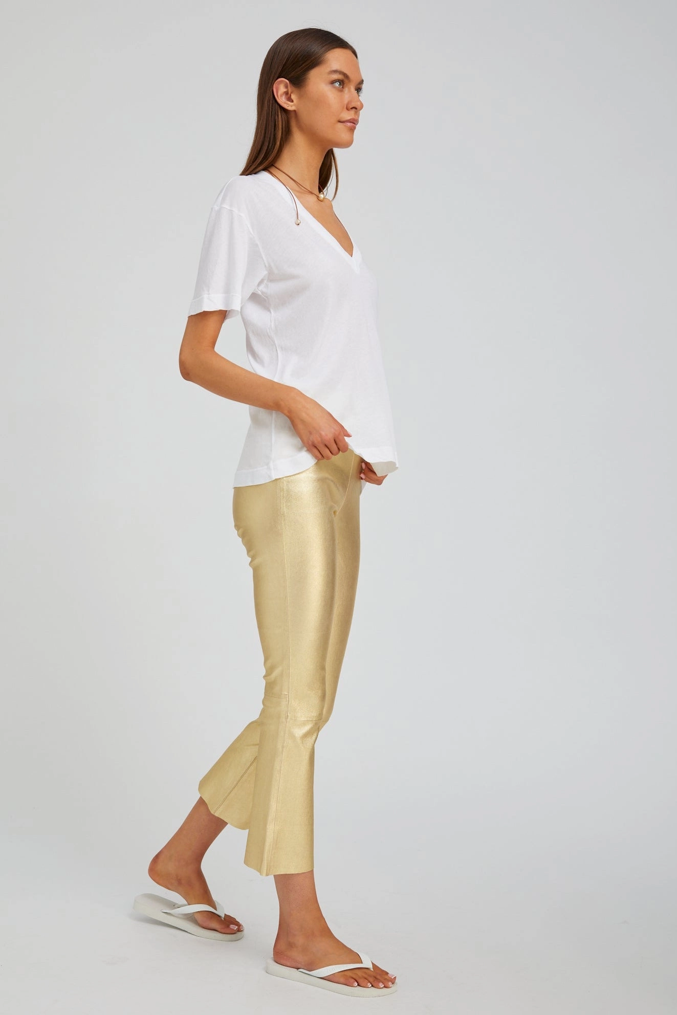 Metallic Gold Leather Crop Flare Comfortable Layers