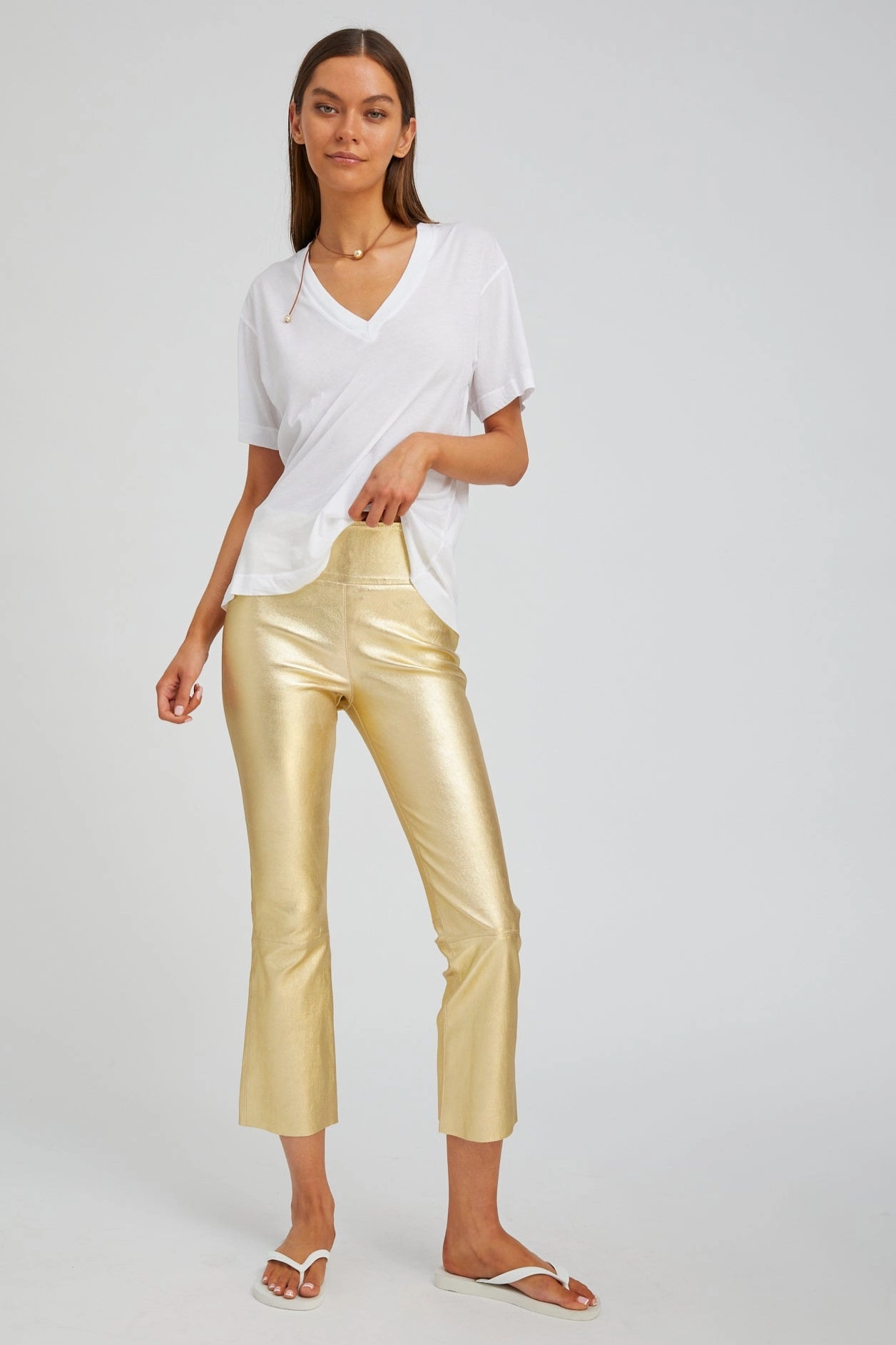 Metallic Gold Leather Crop Flare Reinforced Knees