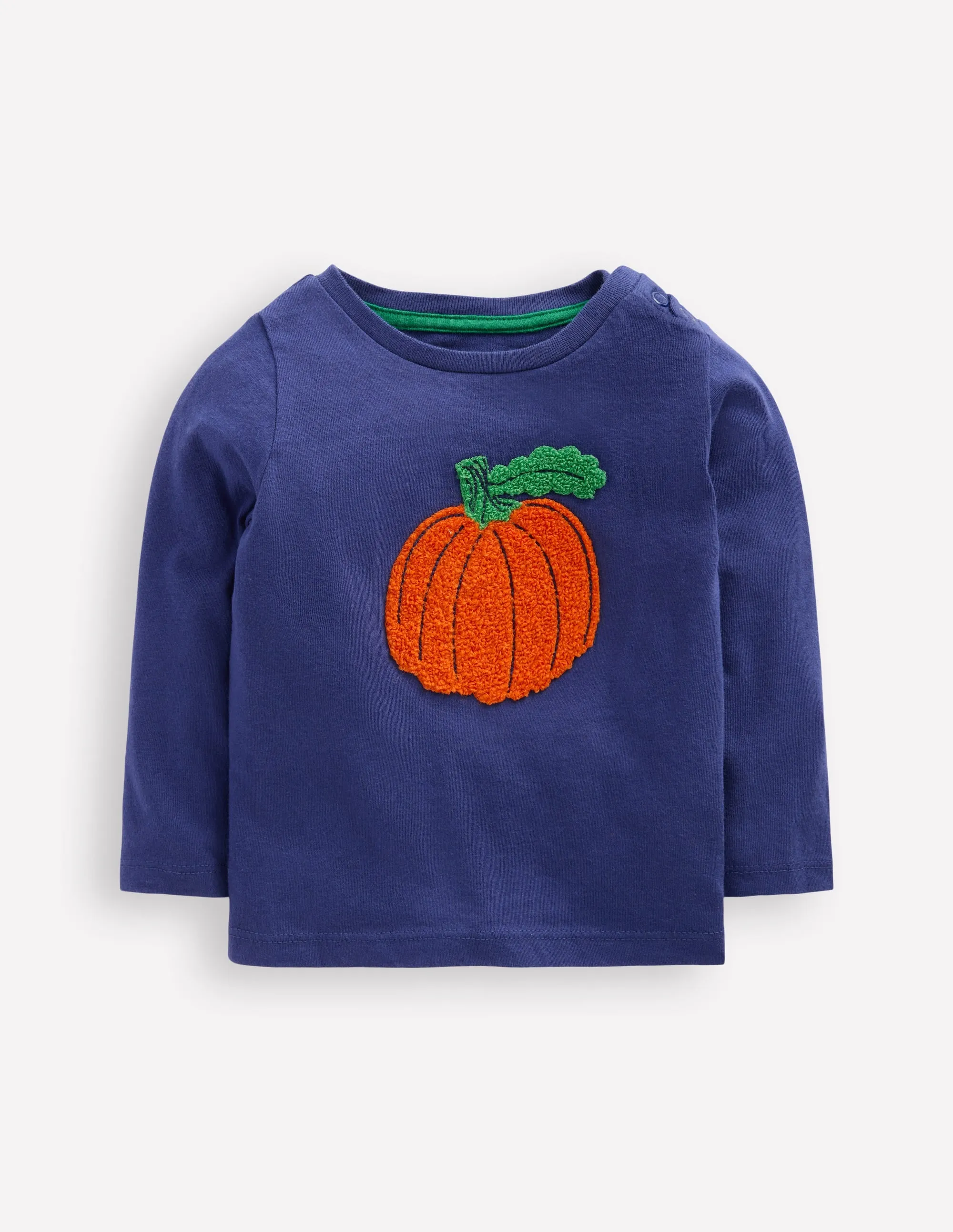 Long Sleeve Applique T-Shirt-Navy Pumpkin FlexibleCollar Yarn Dye Stripe