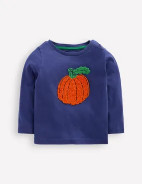 Wrinkle Resistant Weave DoubleStitched Hem Long Sleeve Applique T-Shirt-Navy Pumpkin