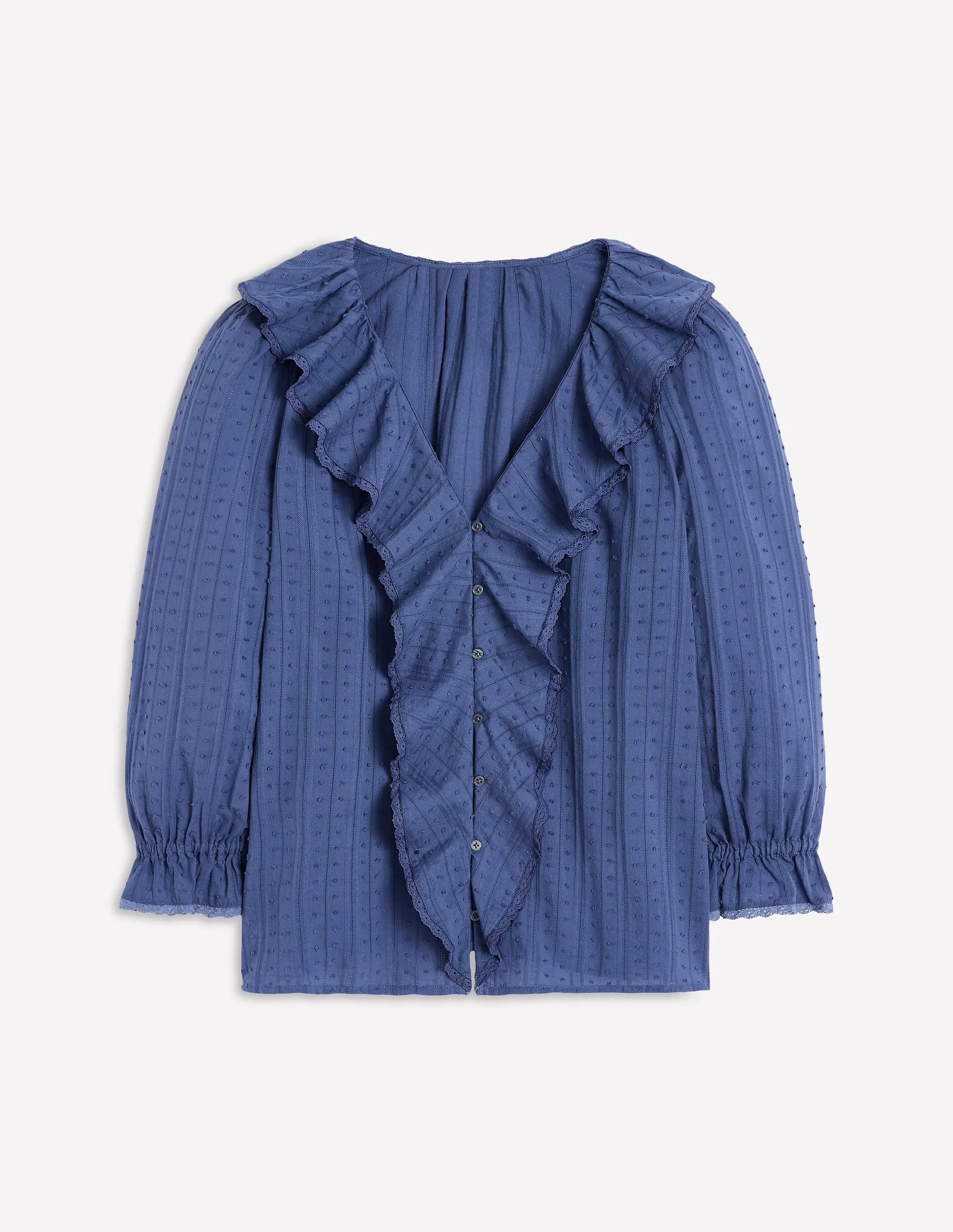 Ruffle V-Neck Blouse-Denim Blue FoamReinforcedCollar