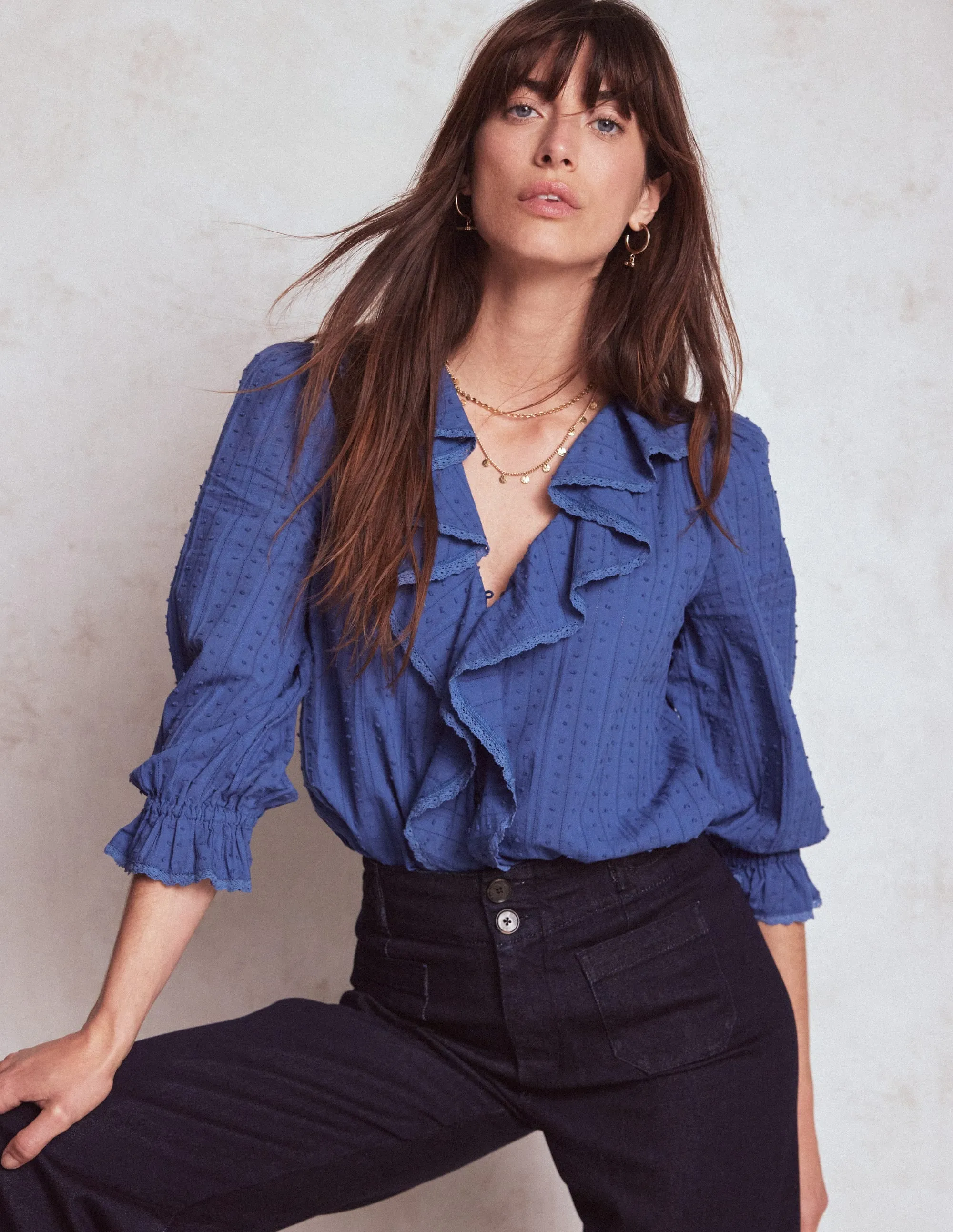 Ruffle V-Neck Blouse-Denim Blue Structured Shoulder